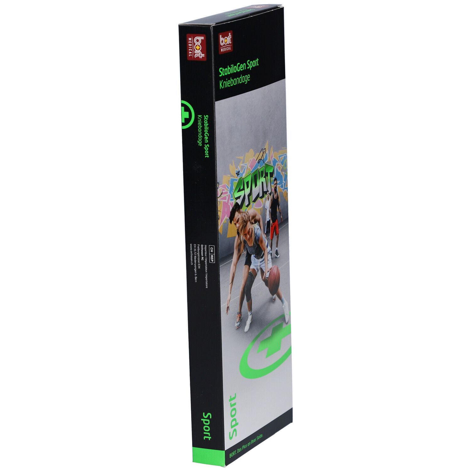 Schmale Verpackung der BORT StabiloGen Sport Kniebandage. Seitenansicht mit Produktbezeichnung und Logo.