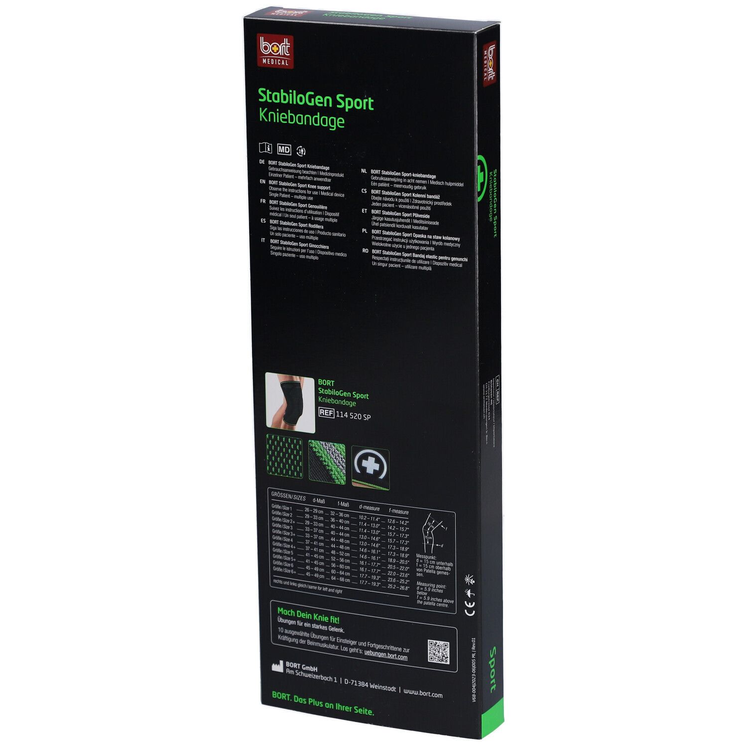 Rückseite der BORT StabiloGen Sport Kniebandage Verpackung. Produktinformationen, Größenangaben und Logo.