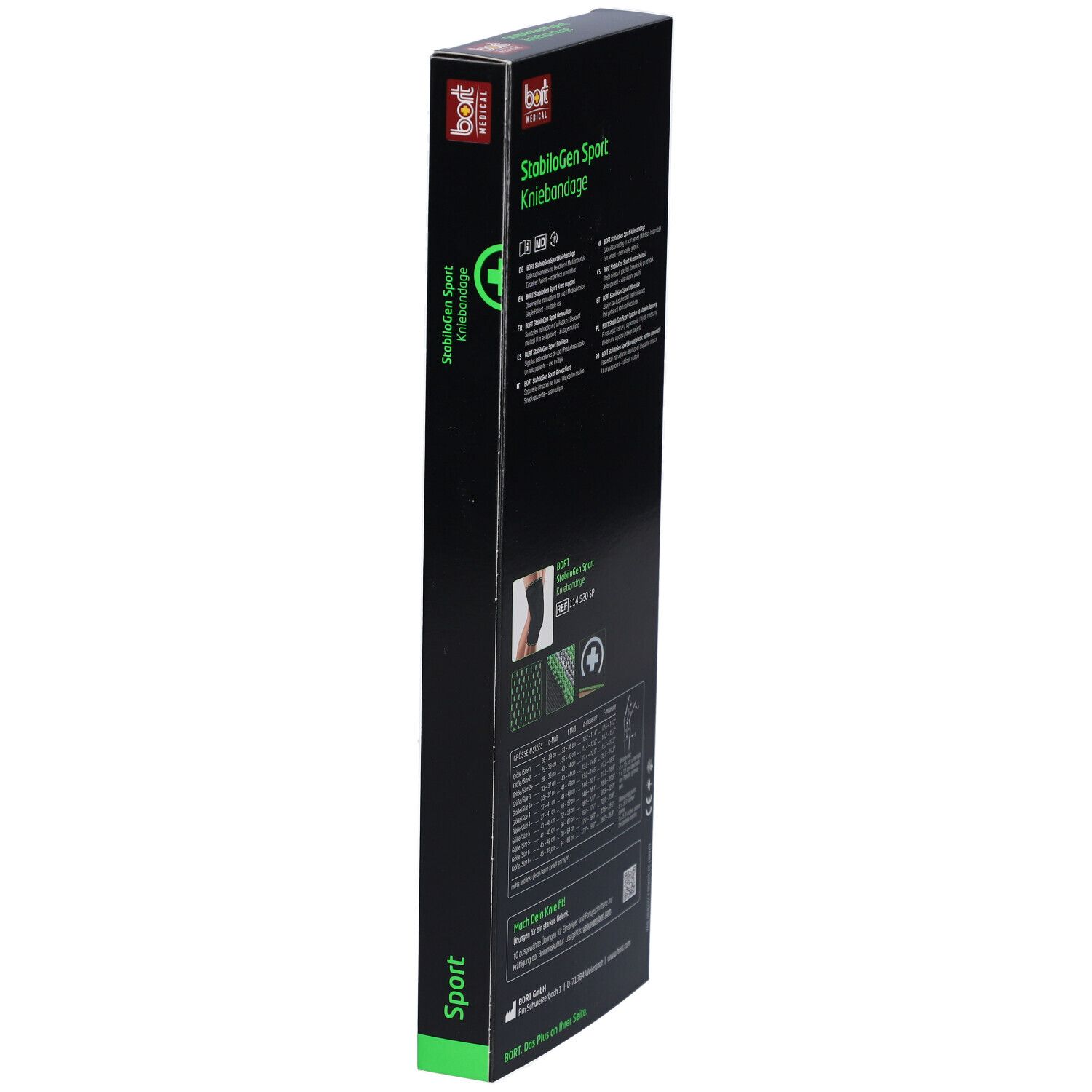 Schmale Verpackung der BORT StabiloGen Sport Kniebandage. Rückseite mit Produktinformationen und Logo.