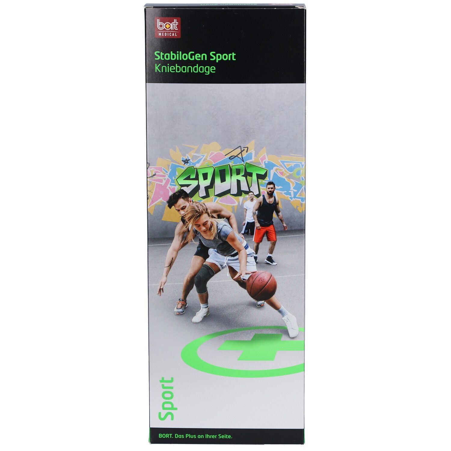 Vorderseite der BORT StabiloGen Sport Kniebandage Verpackung. Sport-Motiv mit Basketballspielern und Produktbezeichnung.