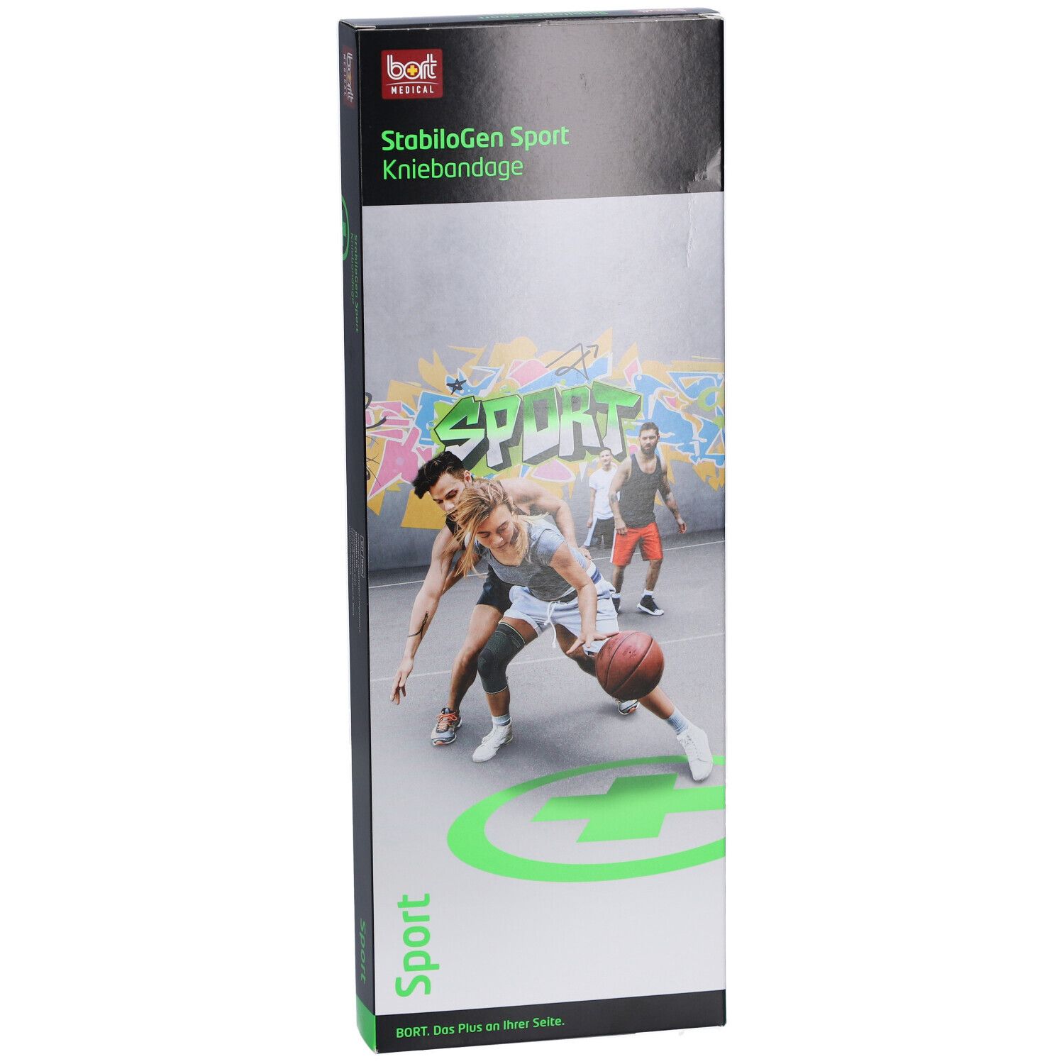 Vorderseite der BORT StabiloGen Sport Kniebandage Verpackung. Sport-Motiv mit Basketballspielern und Produktbezeichnung.