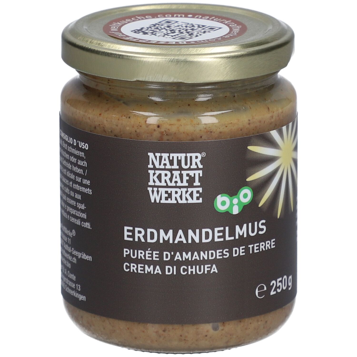 Pot de purée d'amandes de terre. Couvercle imprimé. Étiquette avec nom du produit, marque et label bio.