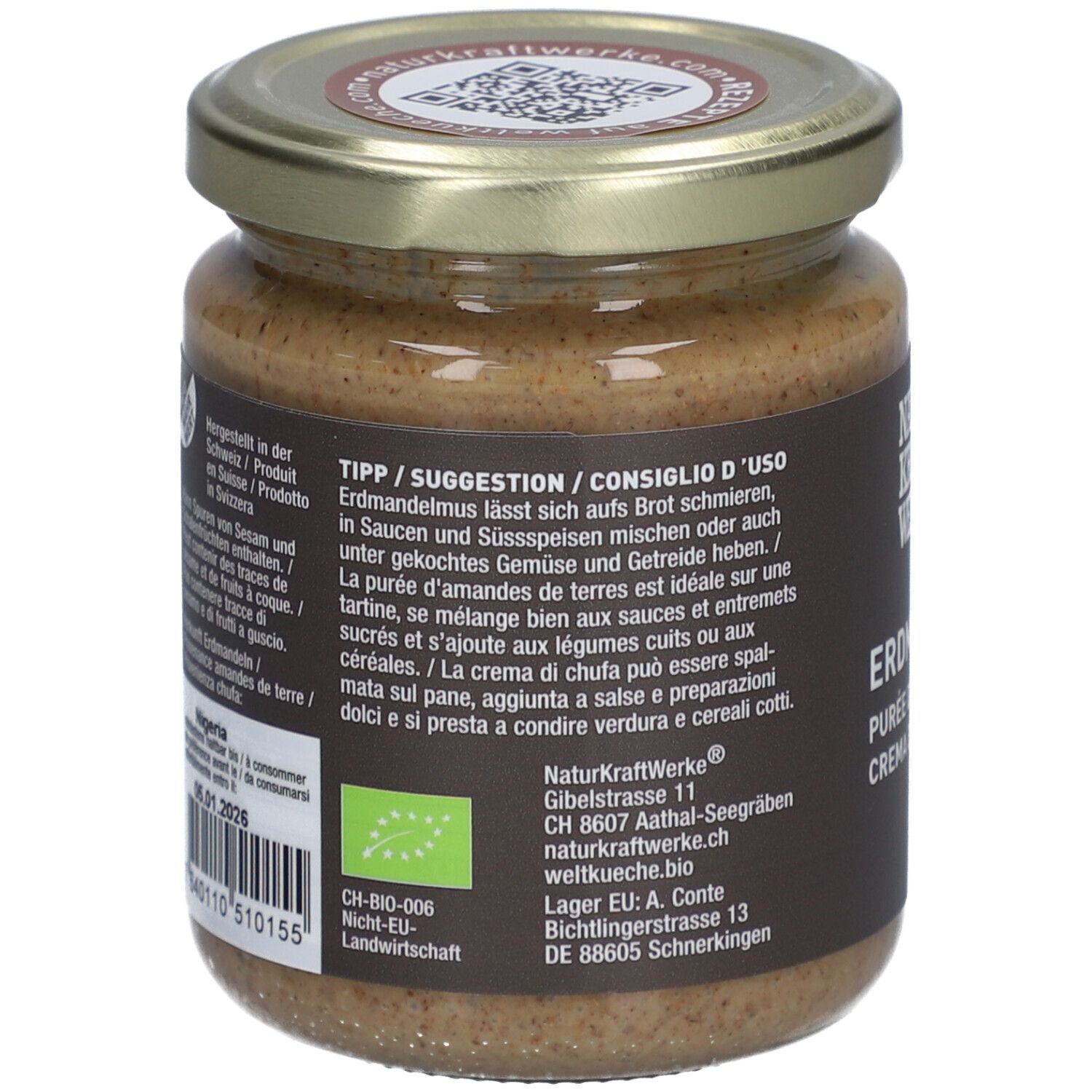 Dos du pot de purée d'amandes de terre. Texte avec conseils d'utilisation et label bio.