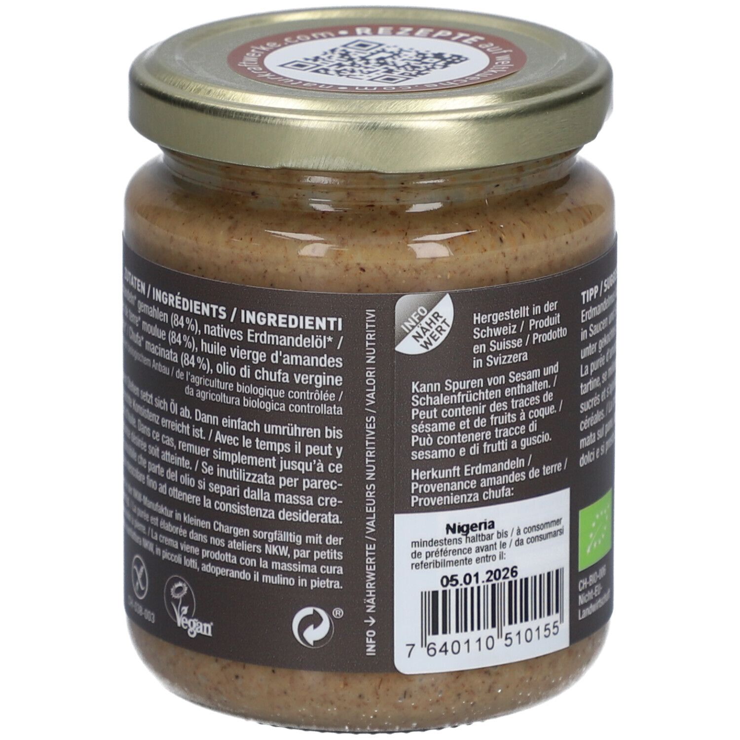 Dos du pot de purée d'amandes de terre. Liste des ingrédients, informations nutritionnelles et label bio.