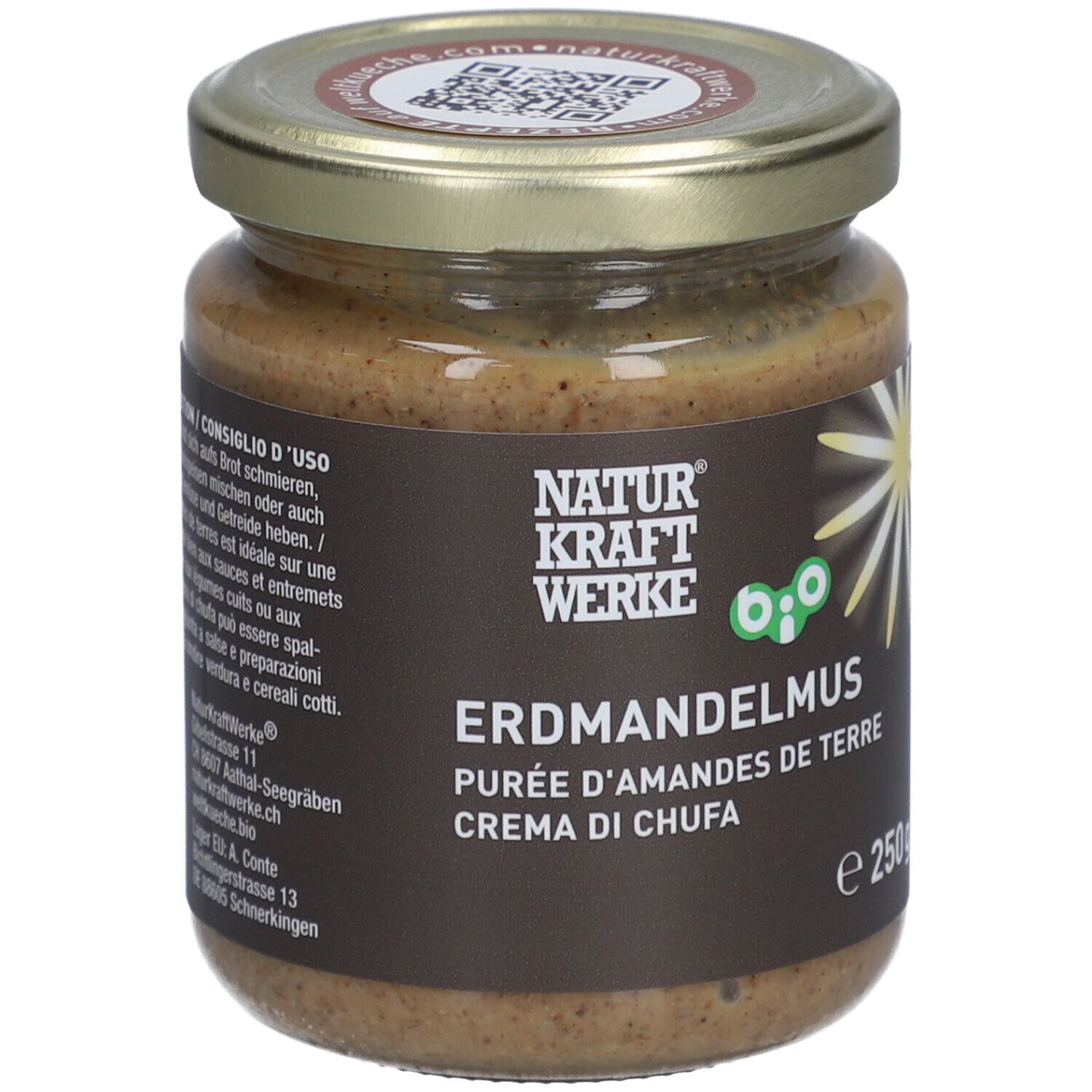 Pot de purée d'amandes de terre. Couvercle imprimé. Étiquette avec nom du produit, marque et label bio.