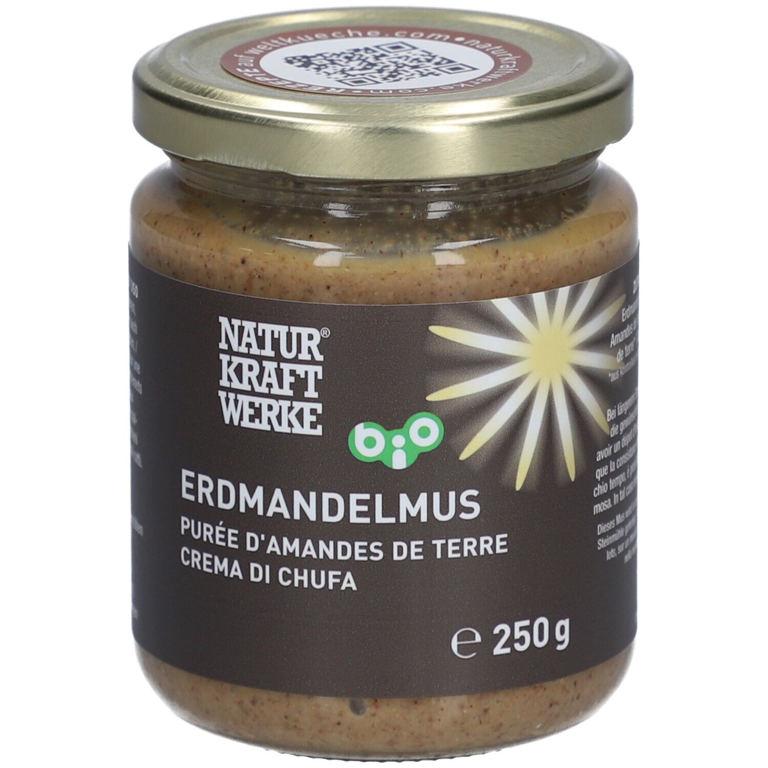 Pot de purée d'amandes de terre. Couvercle imprimé. Étiquette avec nom du produit, marque et label bio.