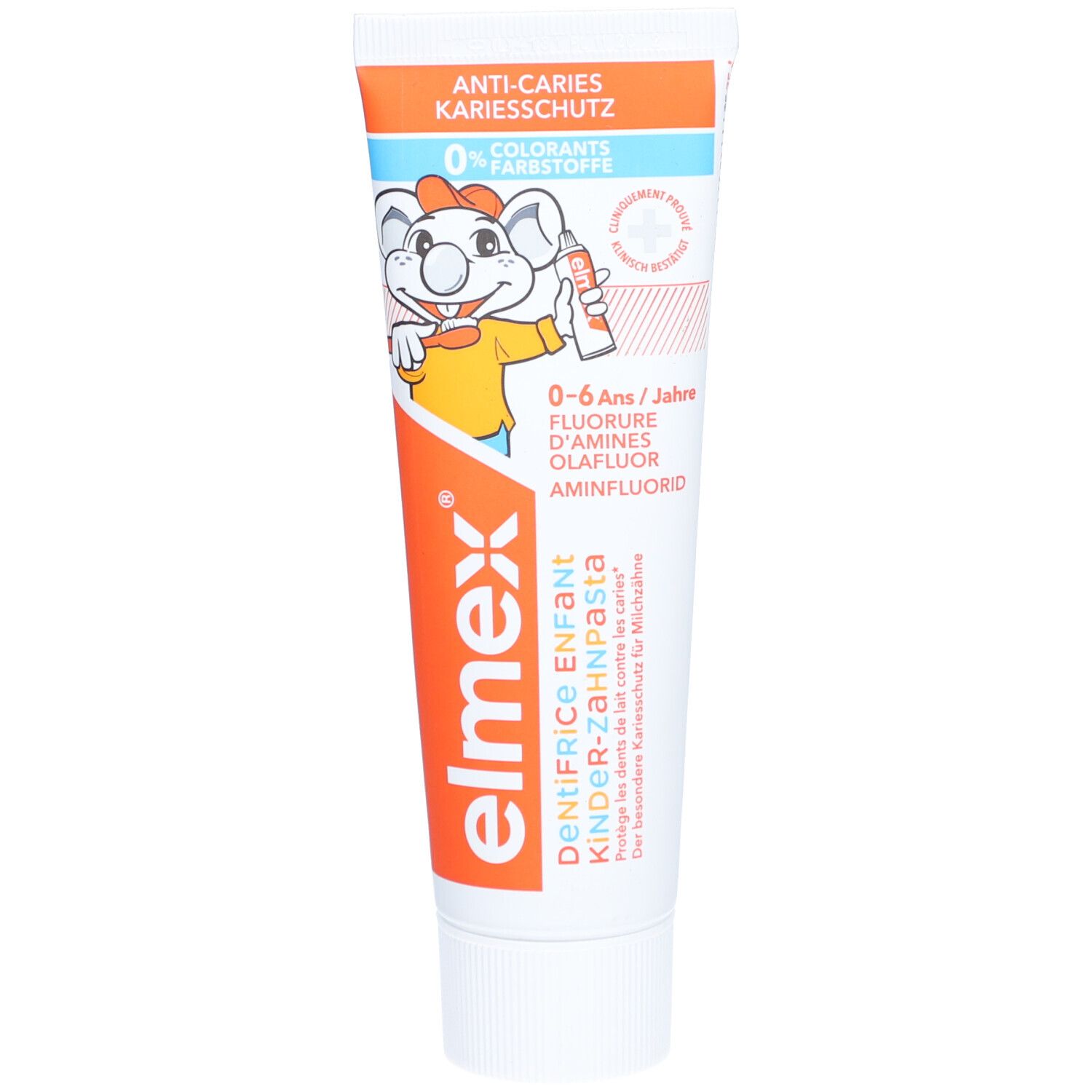 Zahncreme-Tube mit Cartoon-Maus. Orange-weiße Verpackung. Text: ELMEX, KINDER-Zahnpasta, 0% Farbstoffe, Anti-Karies-Schutz.