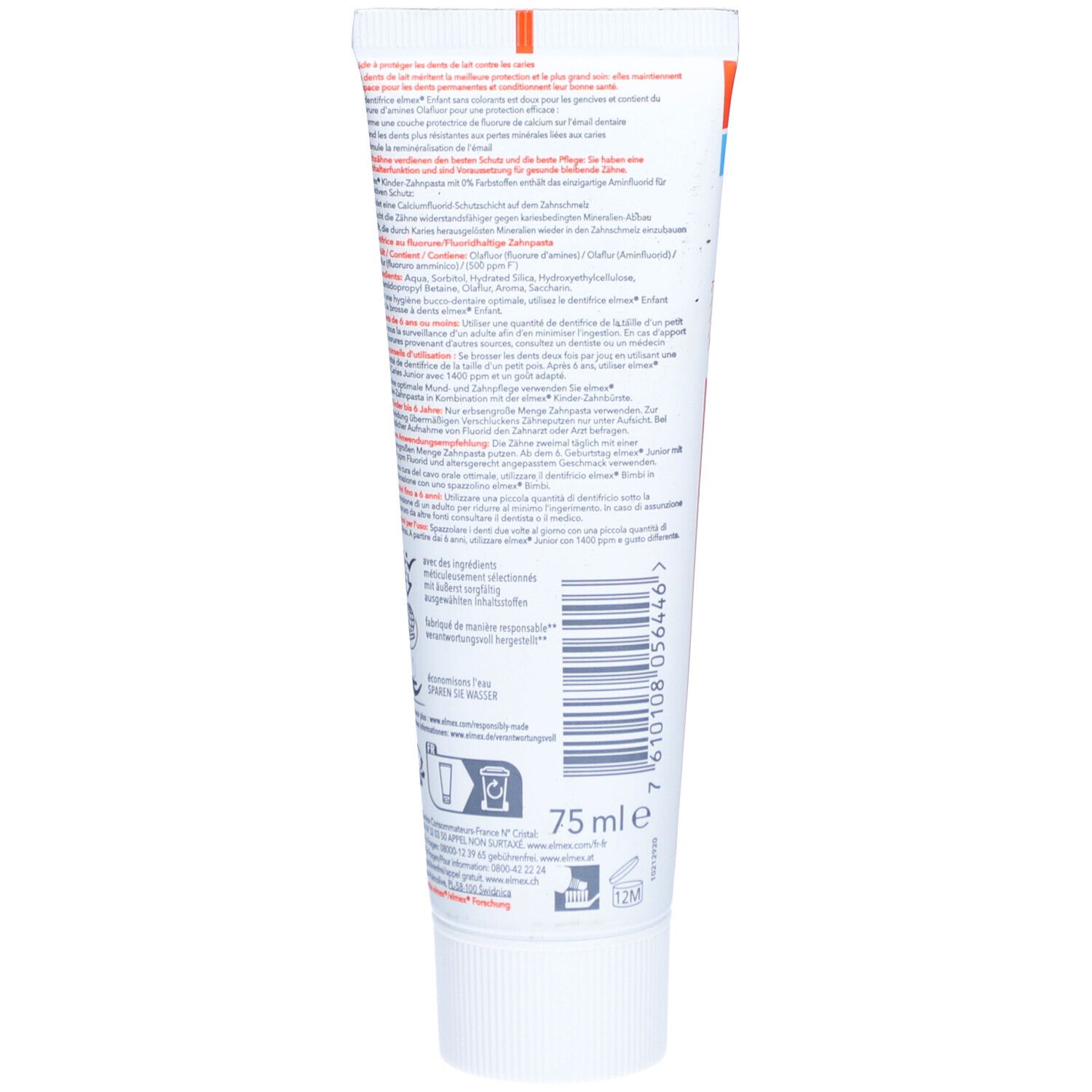Rückseite der Zahncreme-Tube. Enthält Text in mehreren Sprachen. Inhaltsstoffe, Gebrauchsanweisung, Herstellerinformationen.