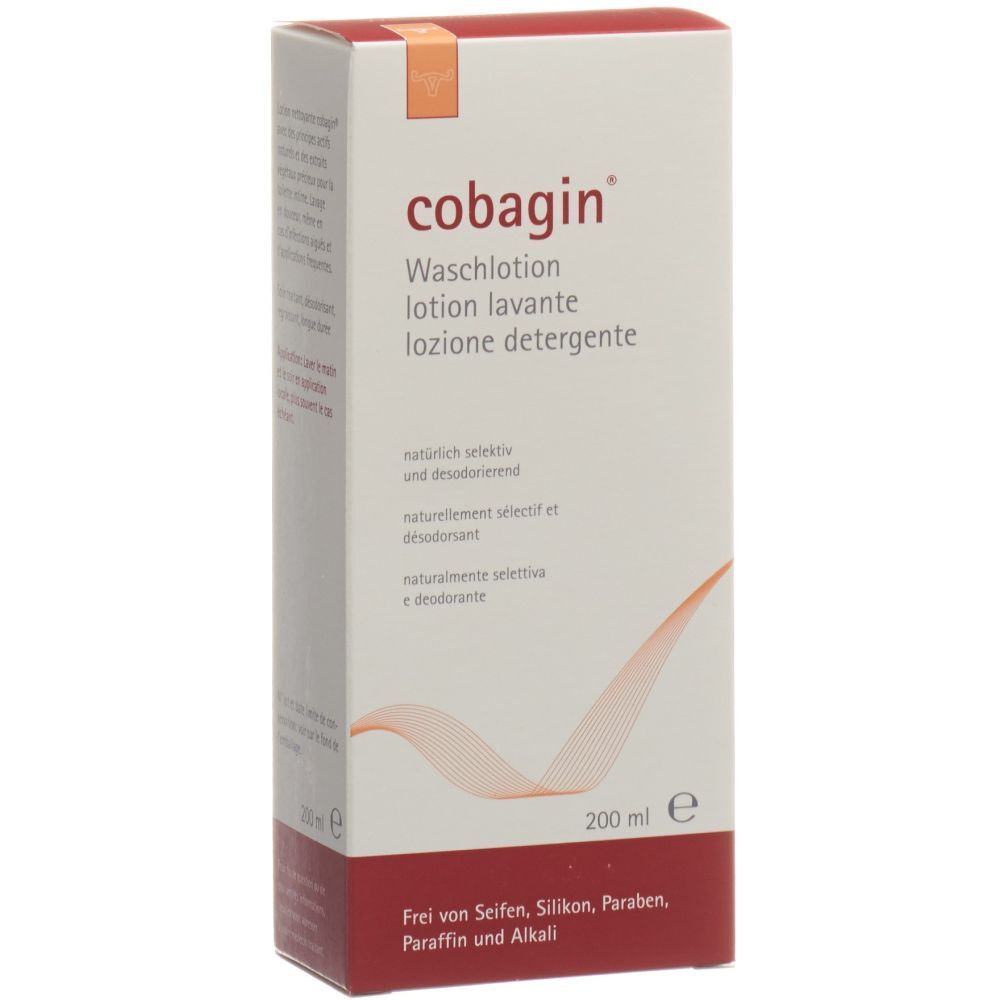 Weißer Karton mit roter Schrift. Enthält COBAGIN® Waschlotion. Text in Deutsch, Französisch, Italienisch. 200 ml.