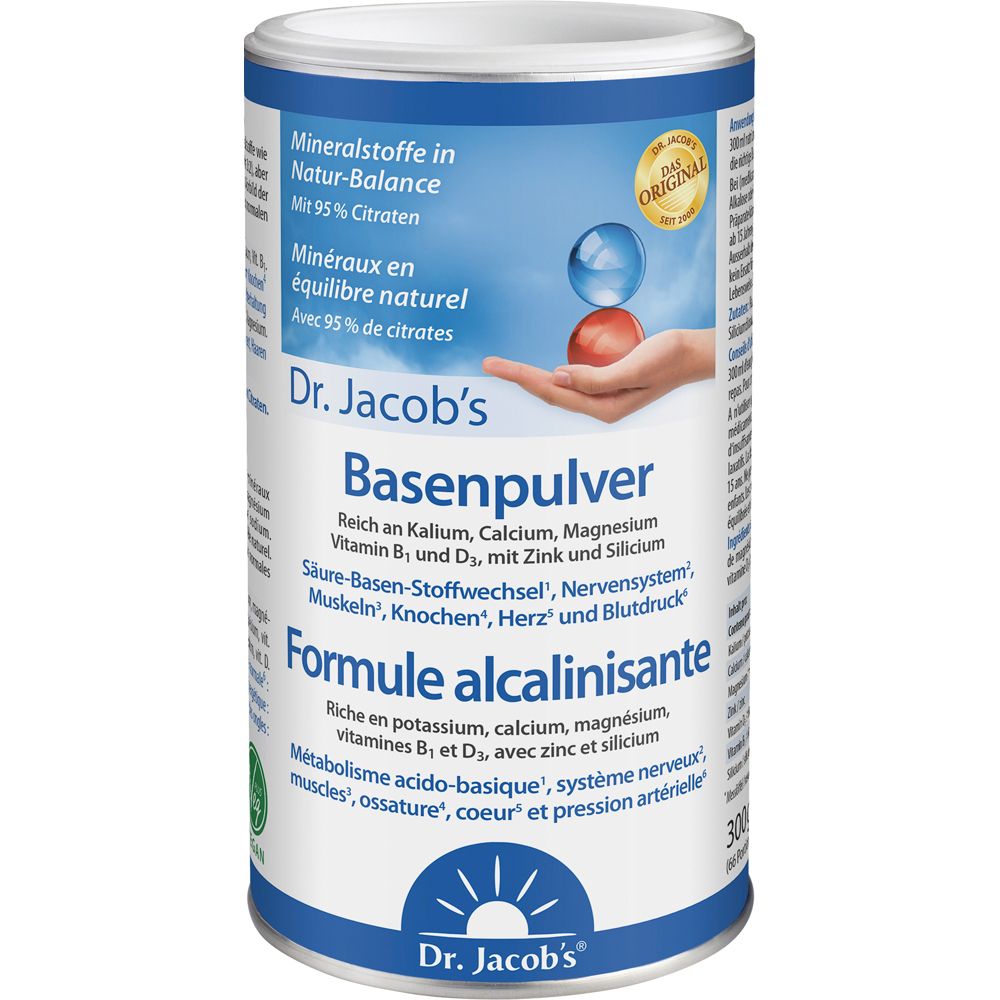 Zylinderdose mit Produktetikett. Text: Dr. Jacob's Basenpulver. Mineralstoffe in Natur-Balance.