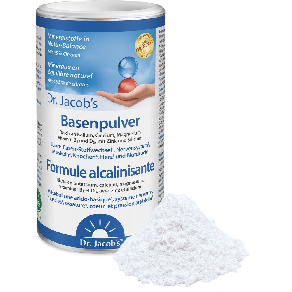 Zylinderdose mit Produktetikett und weißem Pulver daneben. Text: Dr. Jacob's Basenpulver.