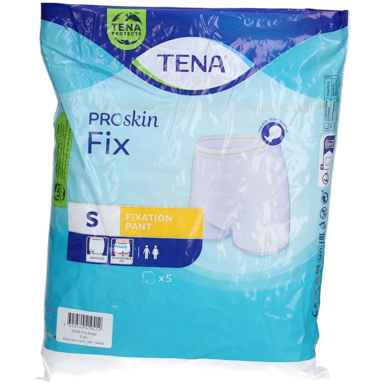 Verpackung mit Fixierhosen. Blaue Folie mit Produktname, Größe S und Abbildung einer weißen Hose. x5.