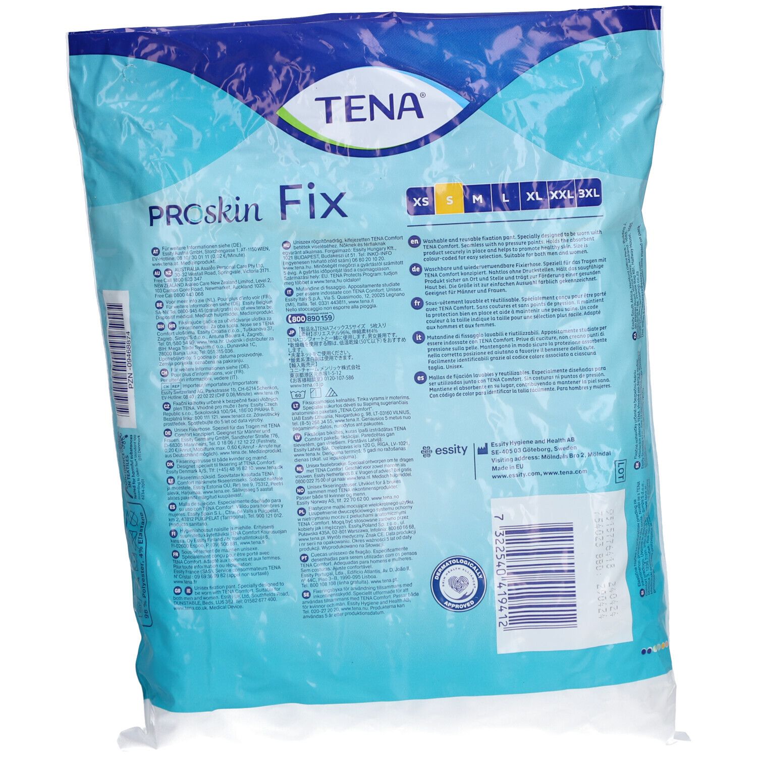 Rückseite der Verpackung mit Fixierhosen. Blaue Folie mit Produktname, Größenangaben und Text.