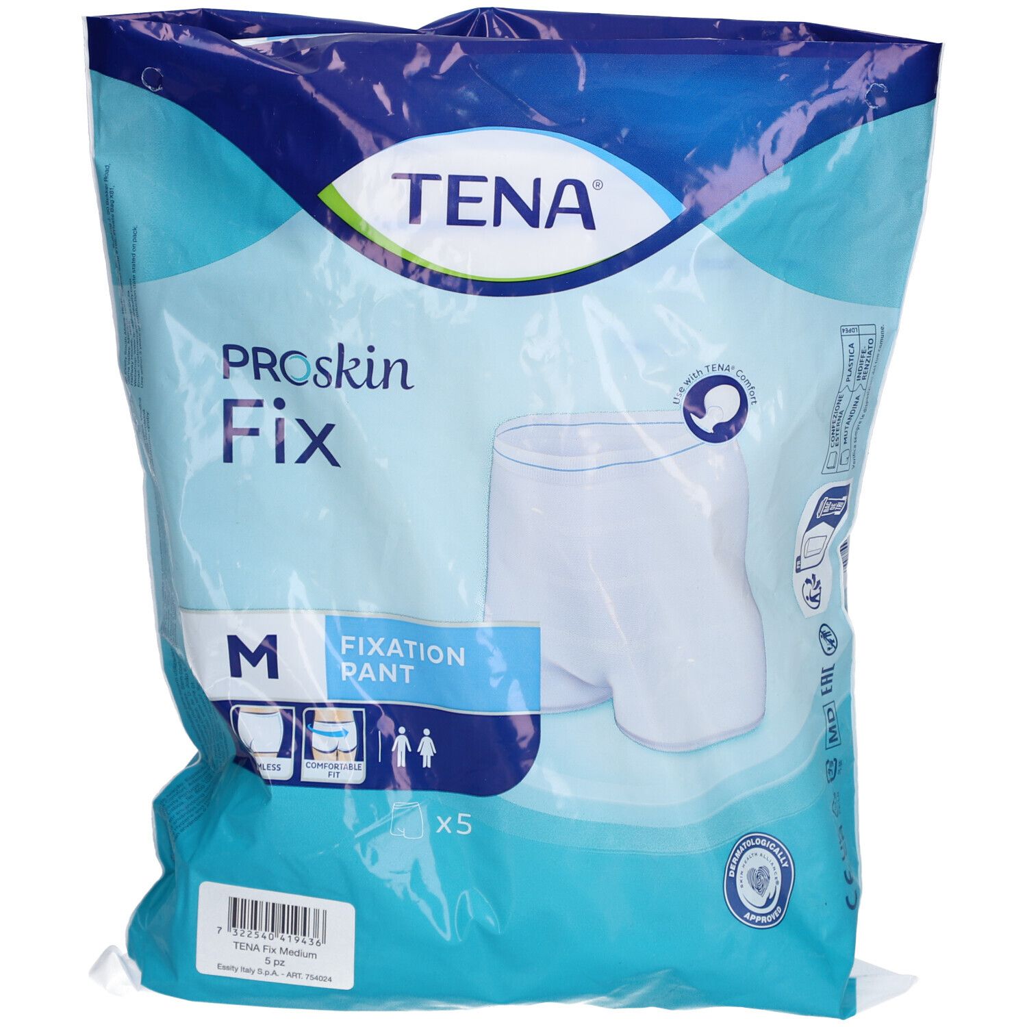 Verpackung mit Fixierhosen. Marke TENA, Modell ProSkin Fix, Größe M. Fünf Stück. Blaue Verpackung mit Produktabbildung.