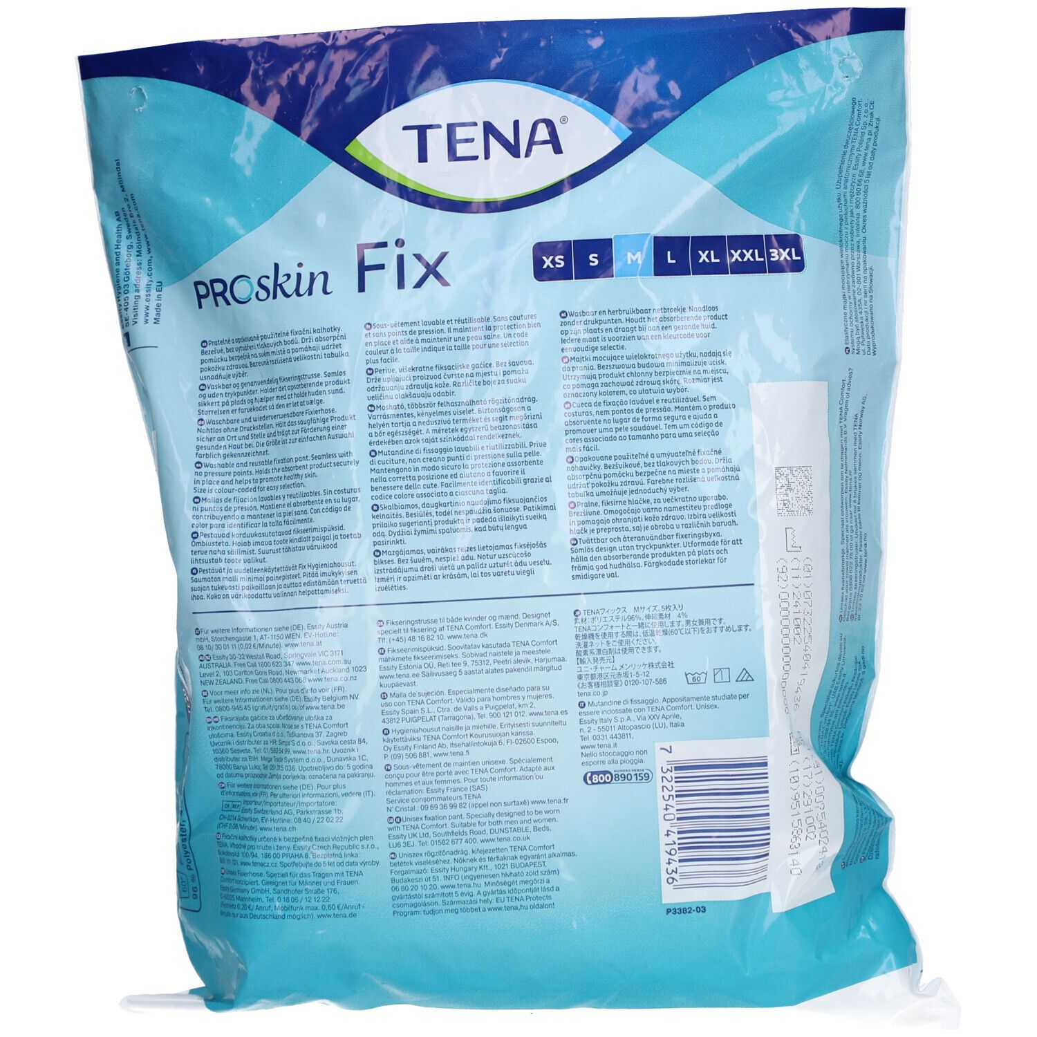 Rückseite der Verpackung mit Fixierhosen. Marke TENA, Modell ProSkin Fix. Größen XS bis XXL. Text in verschiedenen Sprachen.