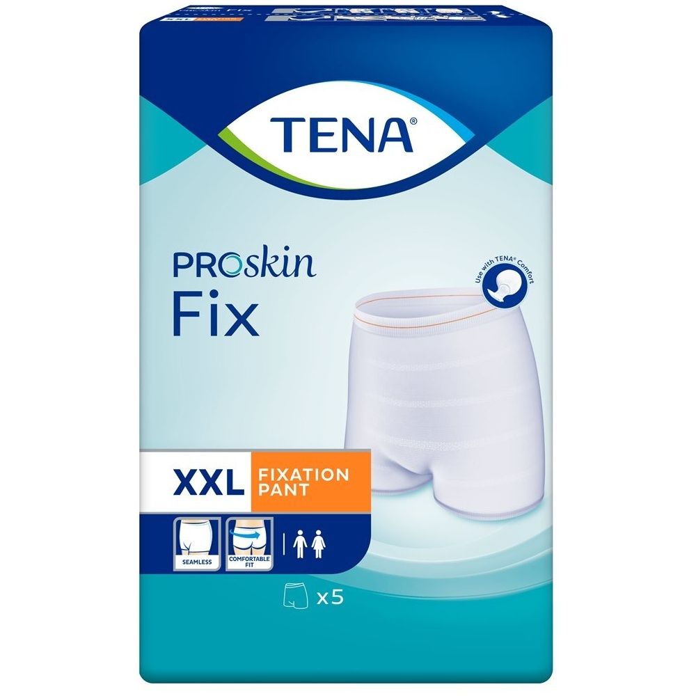 Paquet de slips de fixation TENA ProSkin Fix, taille XXL. Slip blanc représenté. Contient x5 slips.