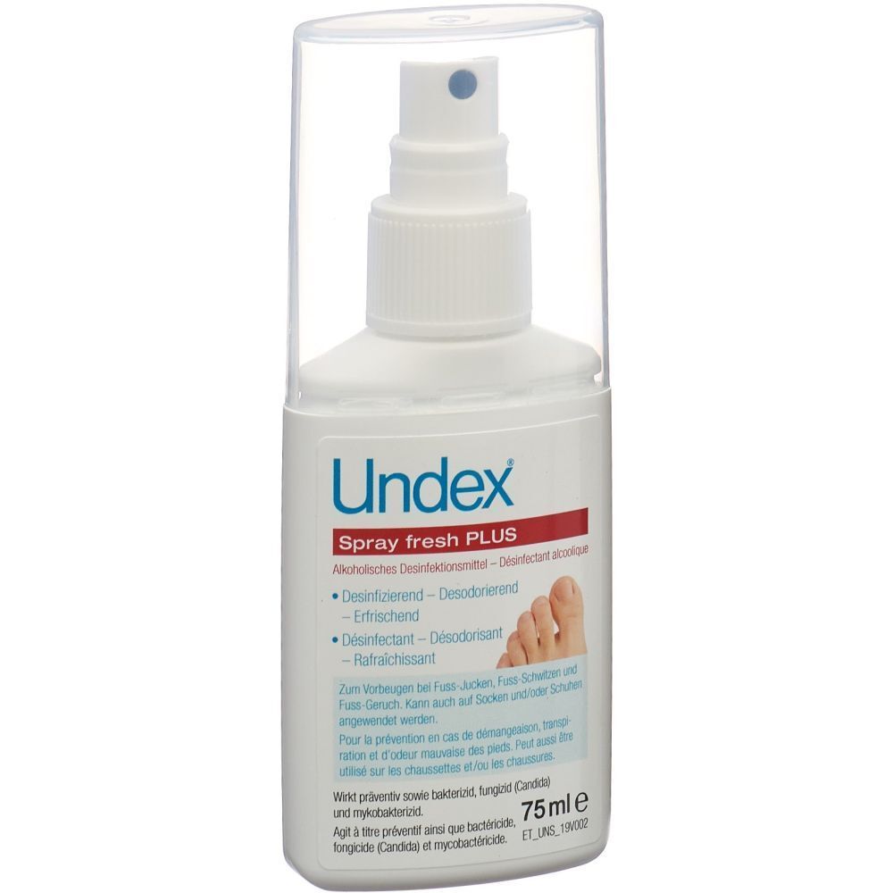 Weiße Sprühflasche mit durchsichtigem Deckel. Beschriftung: Undex Spray fresh PLUS. Enthält Desinfektionsmittel. Fuß-Illustration.