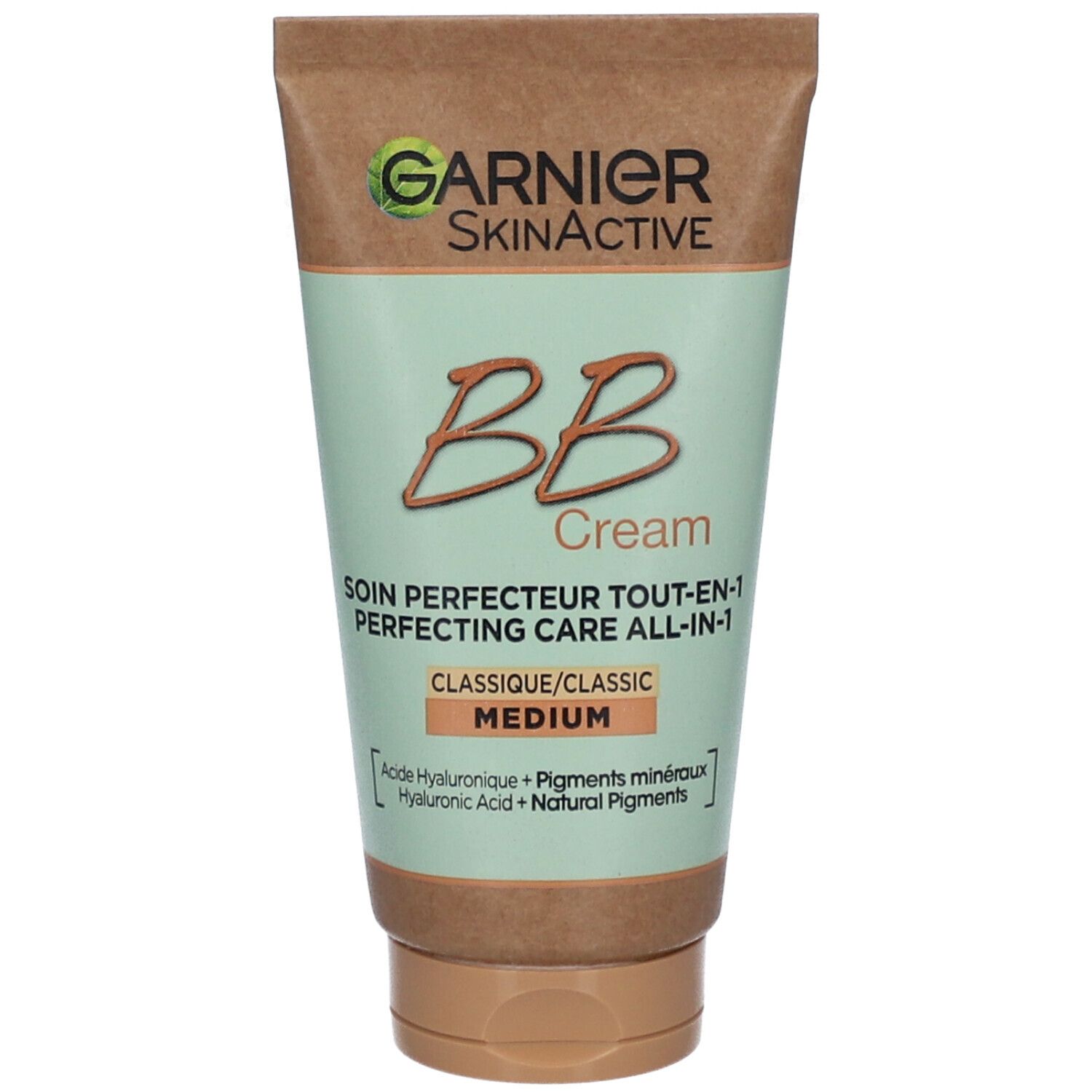 Tube BB Cream, Medium. Garnier SkinActive. Klassisch. Enthält Hyaluronsäure und Mineralpigmente. Braune Kappe.
