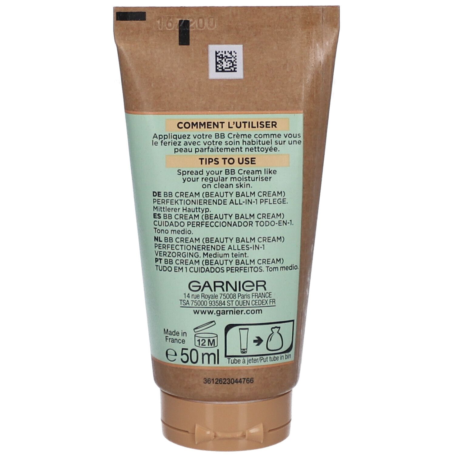 Rückseite der BB Cream Tube. Garnier. Gebrauchsanweisung und Inhaltsstoffe. Hergestellt in Frankreich. 50ml.