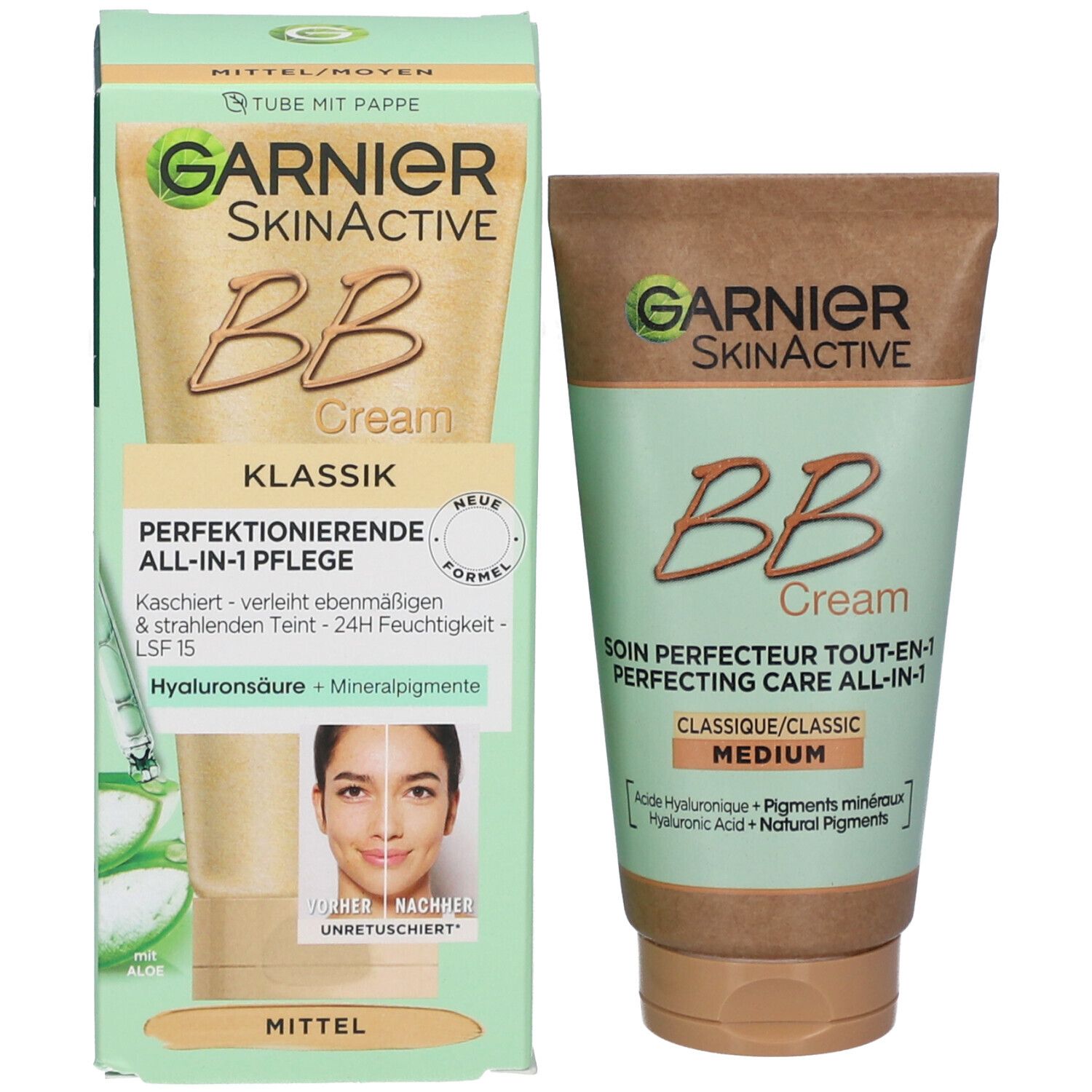 BB Cream Tube und Karton. Garnier SkinActive. Klassisch. Perfektionierende All-in-1 Pflege. Mittel. Mit Hyaluronsäure.