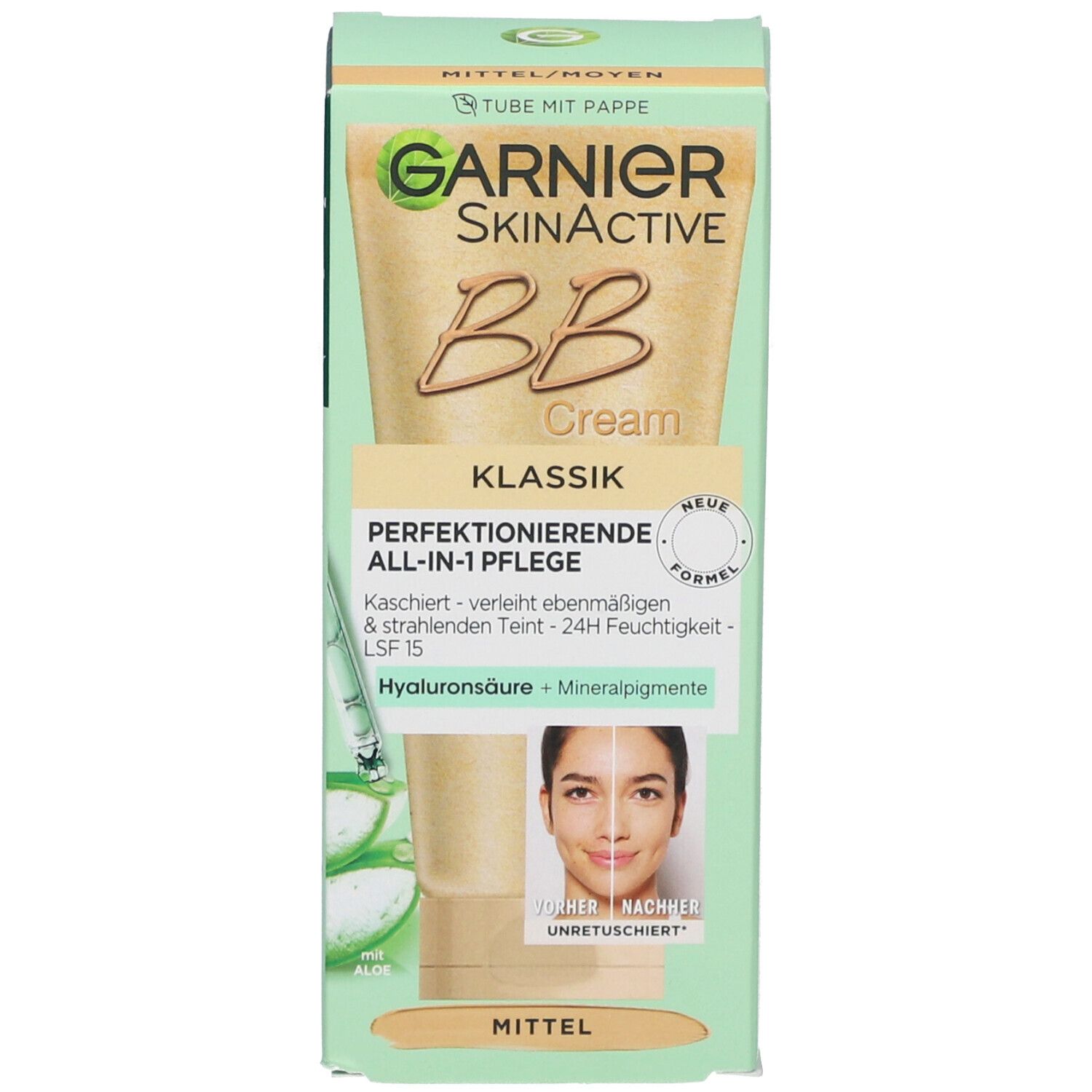 Karton BB Cream. Garnier SkinActive. Klassisch. Perfektionierende All-in-1 Pflege. Mittel. Mit Hyaluronsäure und Mineralpigmente.