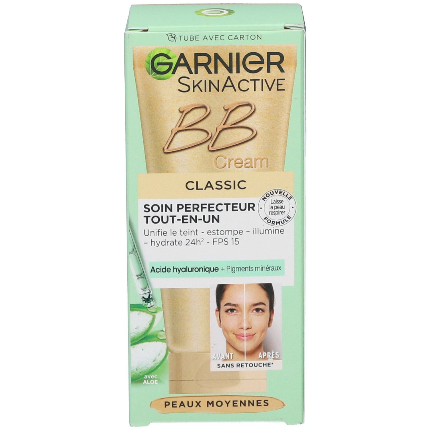 BB Cream Verpackung. Garnier SkinActive. Klassisch. Soin Perfecteur Tout-en-Un. Peaux Moyennes. Mit Hyaluronsäure.