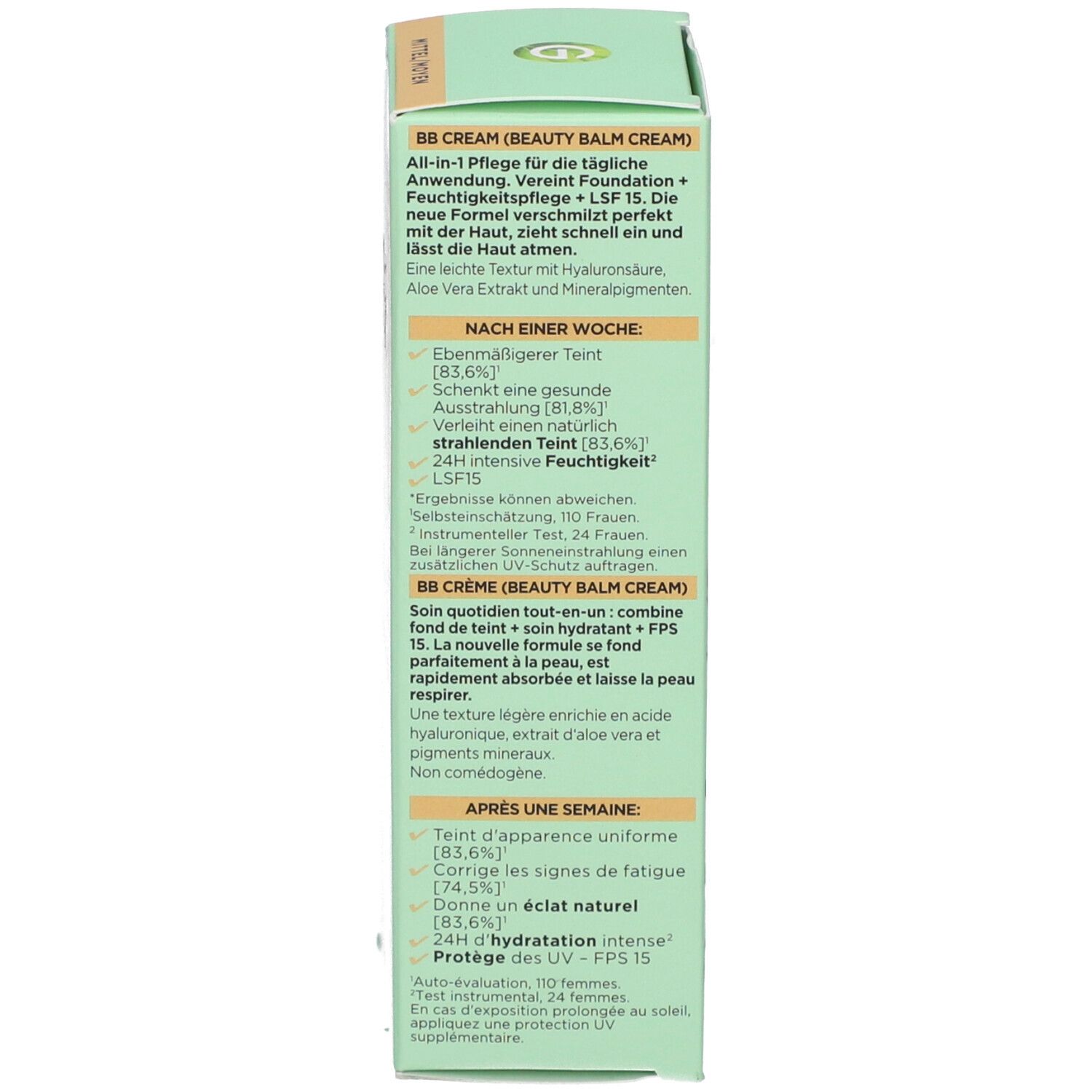 Rückseite der BB Cream Verpackung. Garnier. Inhaltsstoffe und Vorteile. 24h Feuchtigkeit. LSF 15.