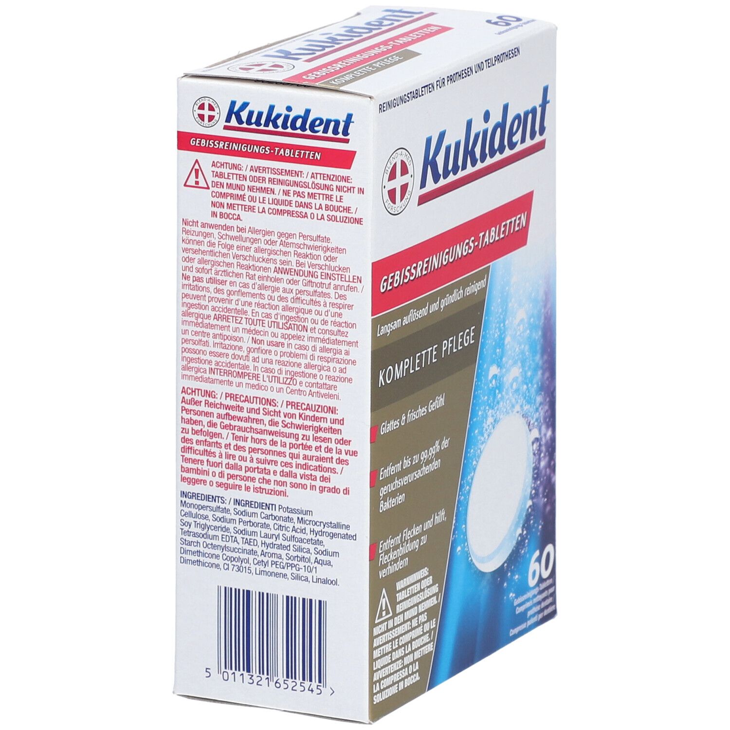 Kukident-Packung, Seitenansicht. Text und Logo. Enthält 60 Reinigungstabletten für Zahnprothesen.