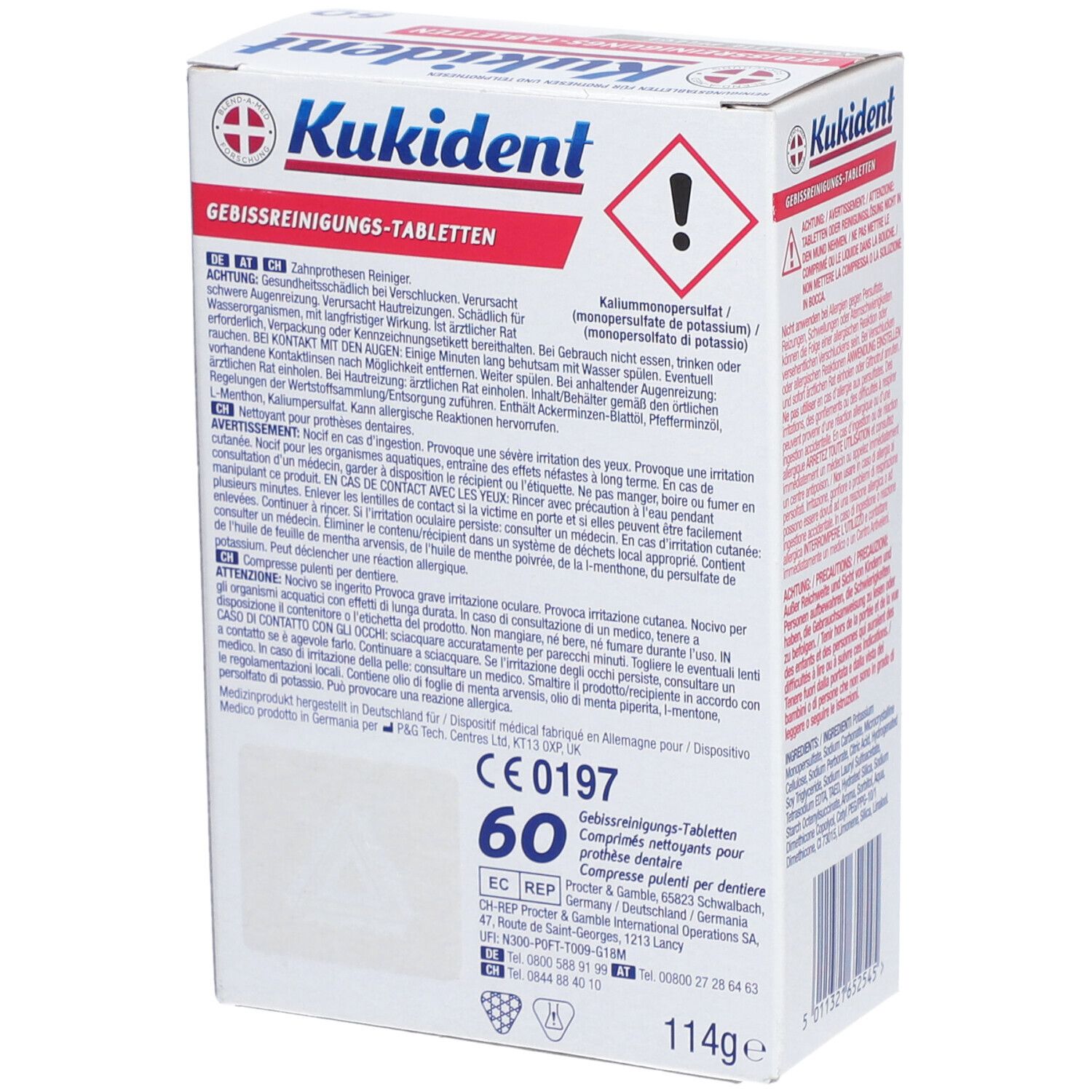 Kukident-Packung, Rückseite. Text, Warnhinweise und Logo. Enthält 60 Reinigungstabletten für Zahnprothesen.