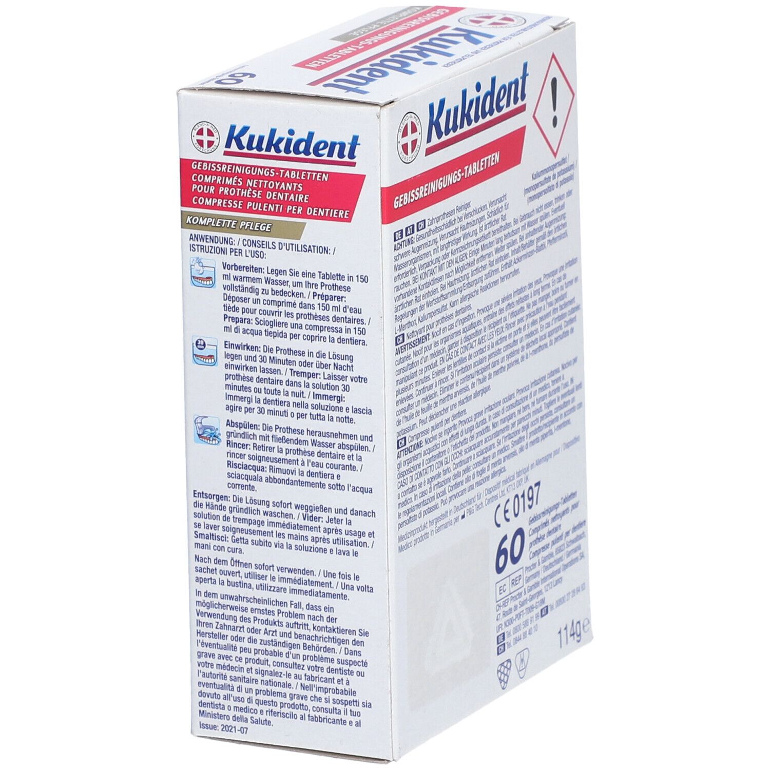 Kukident-Packung, schräge Ansicht. Text, Warnhinweise und Logo. Enthält 60 Reinigungstabletten für Zahnprothesen.