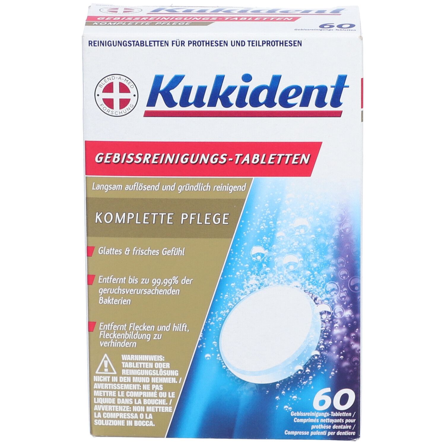 Kukident-Packung. Enthält 60 Reinigungstabletten für Zahnprothesen. Vorderseite mit Produktlogo und Text.