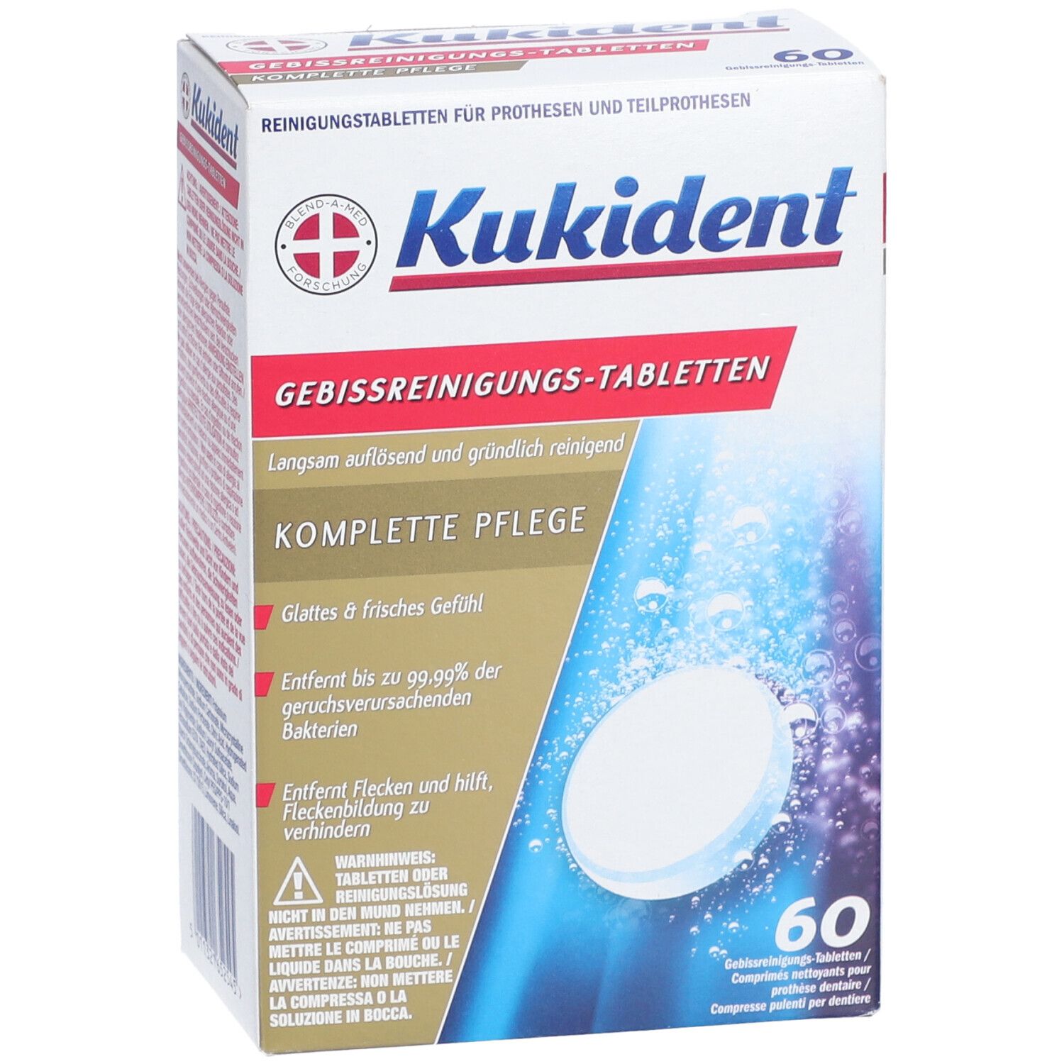 Kukident-Packung. Enthält 60 Reinigungstabletten für Zahnprothesen. Vorderseite mit Produktlogo und Text.