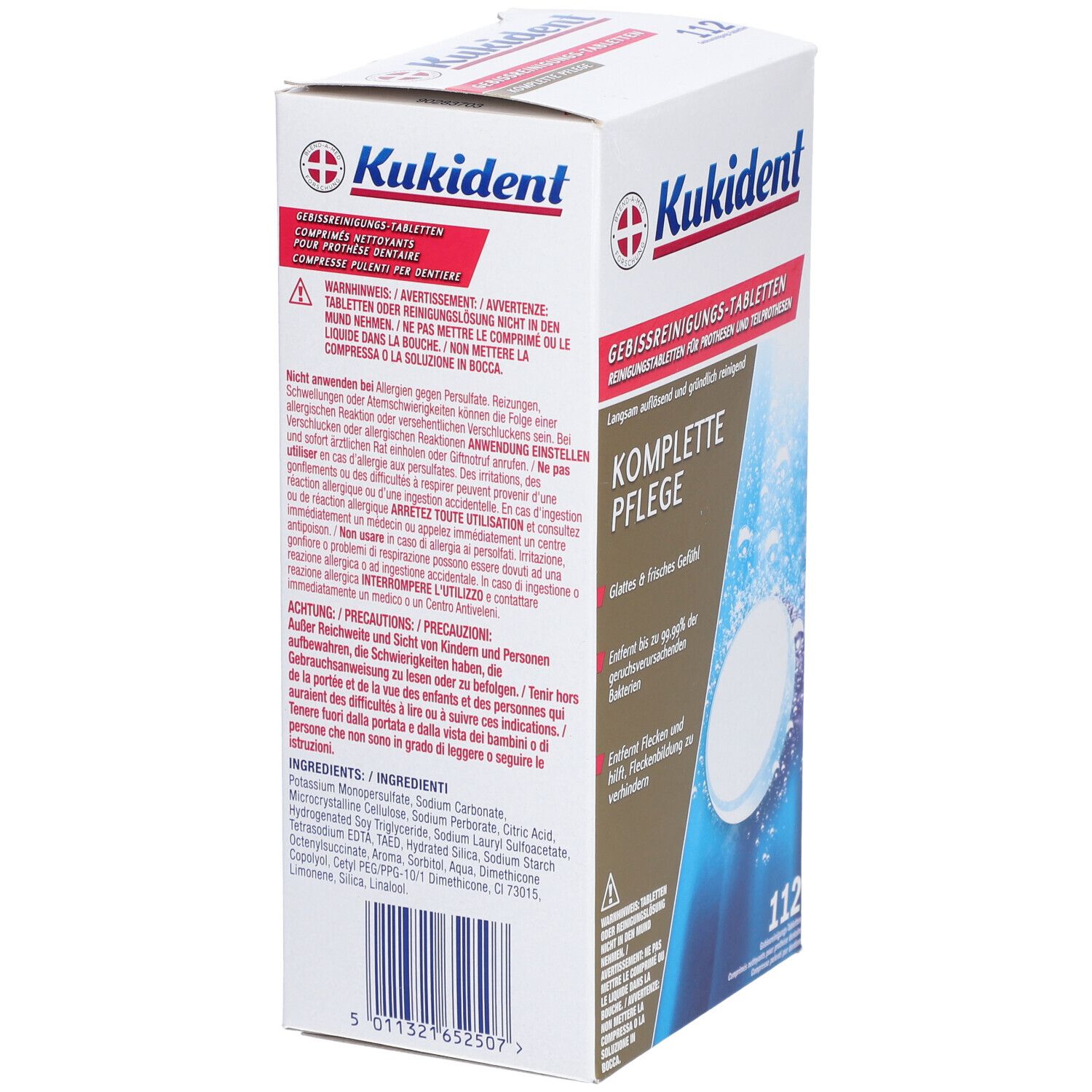 Kukident-Packung mit Reinigungstabletten für Zahnprothesen. Rückseite mit Text und Inhaltsstoffen. 112 Tabletten.