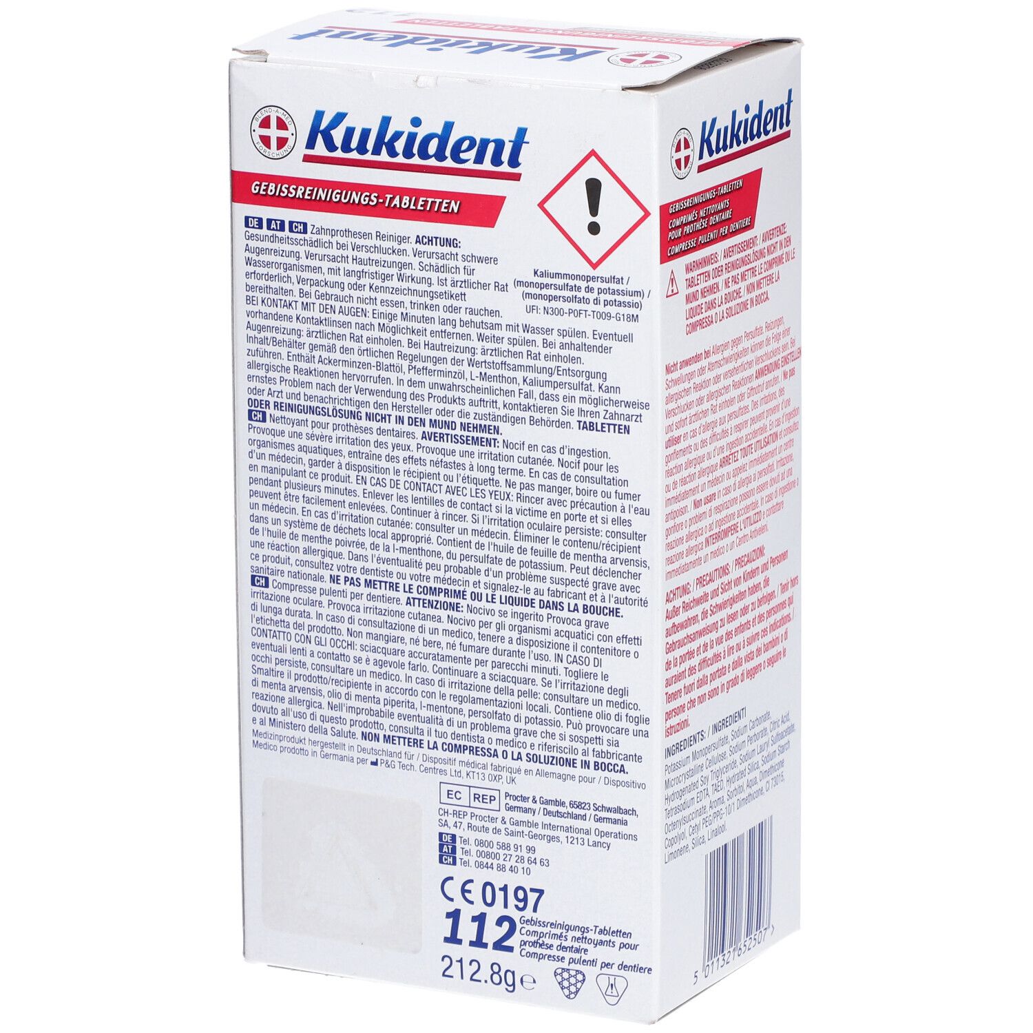 Kukident-Packung mit Reinigungstabletten für Zahnprothesen. Warnhinweise und Text. 112 Tabletten.