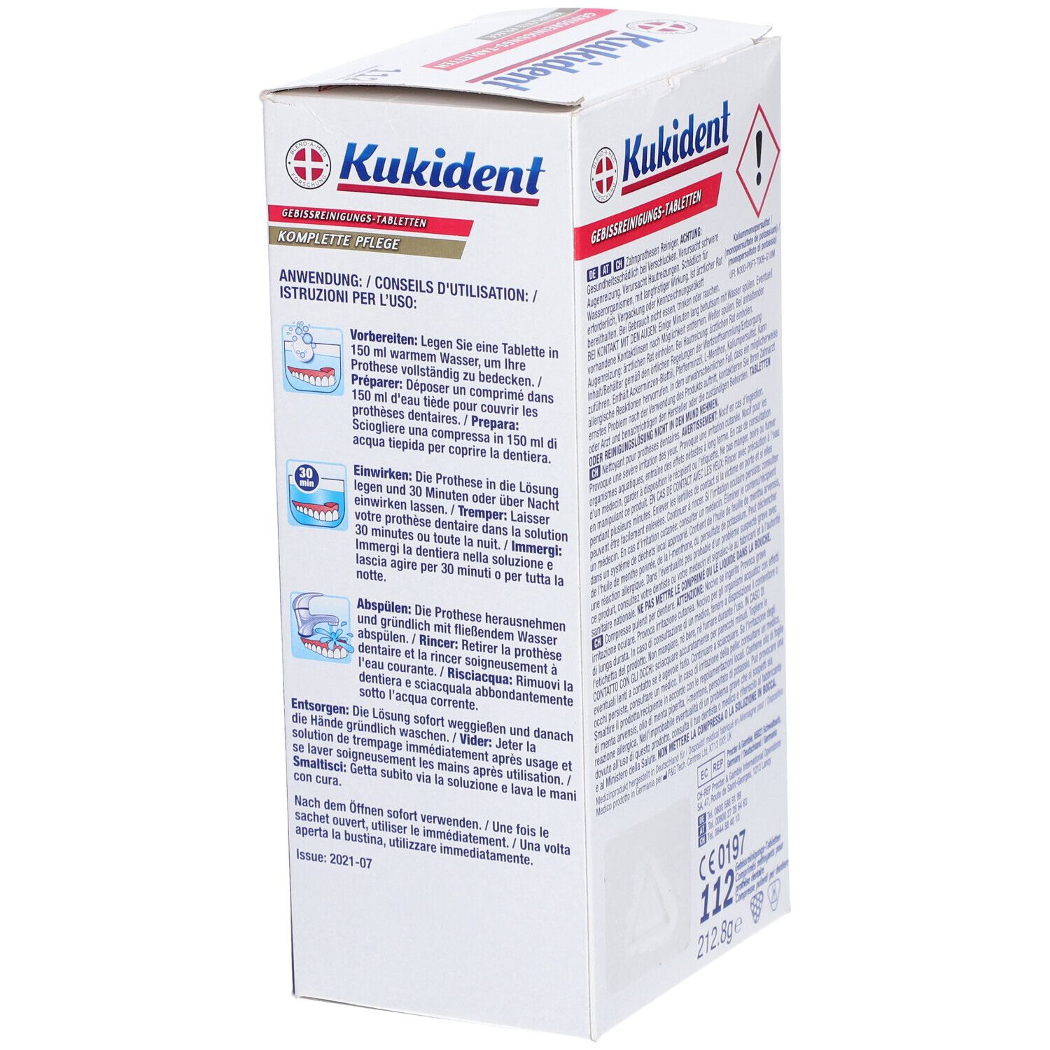 Kukident-Packung mit Reinigungstabletten für Zahnprothesen. Anwendungshinweise. 112 Tabletten.