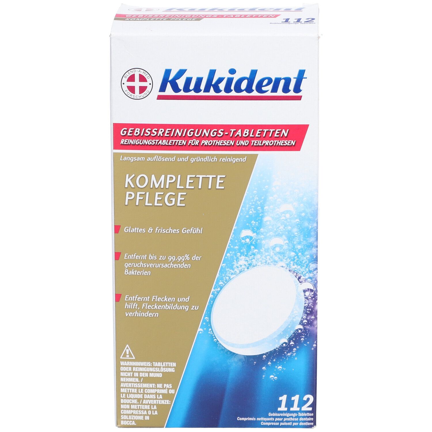 Kukident-Packung mit Reinigungstabletten für Zahnprothesen. Vorderseite mit Produktinformationen. 112 Tabletten.