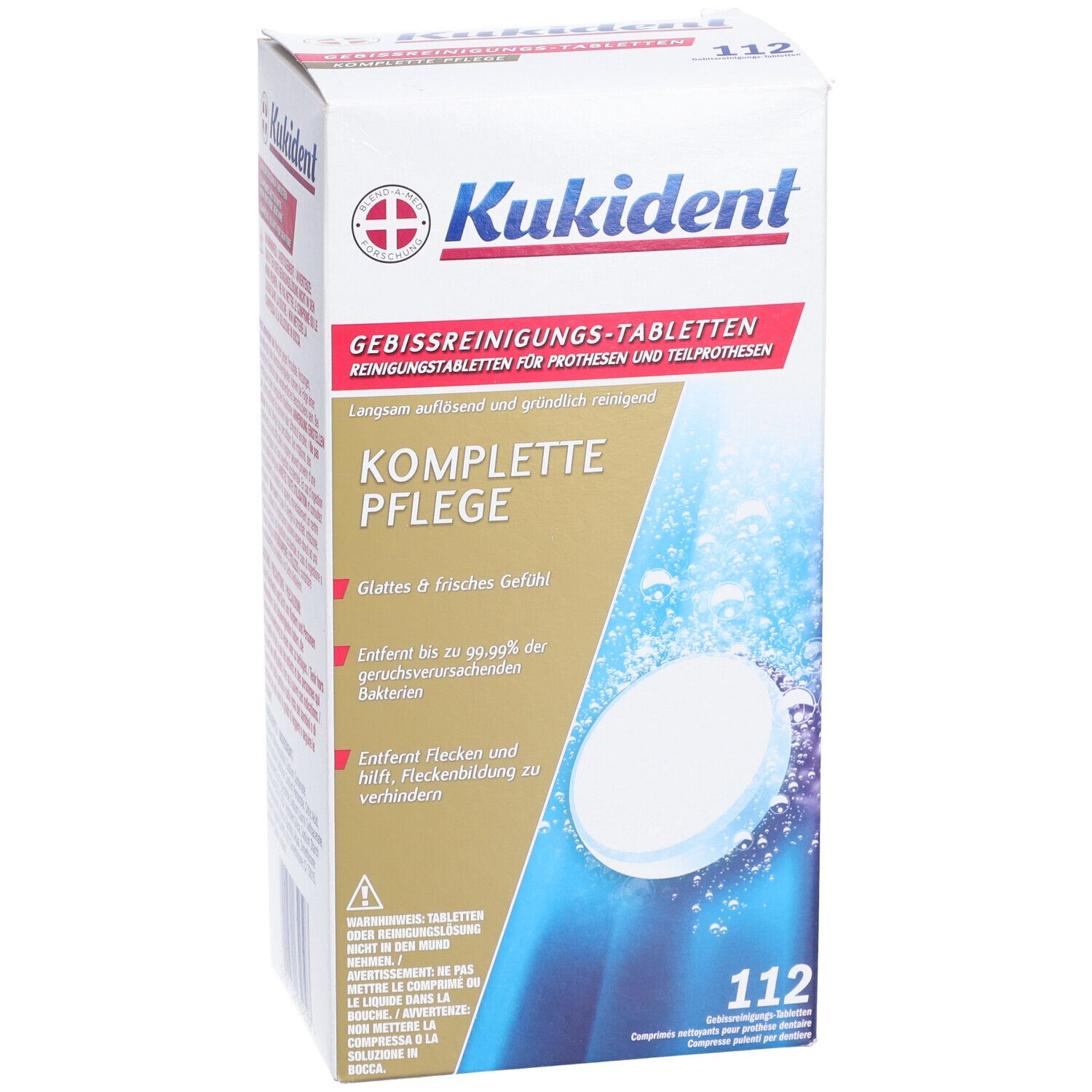 Kukident-Packung mit Reinigungstabletten für Zahnprothesen. Vorderseite mit Produktinformationen. 112 Tabletten.