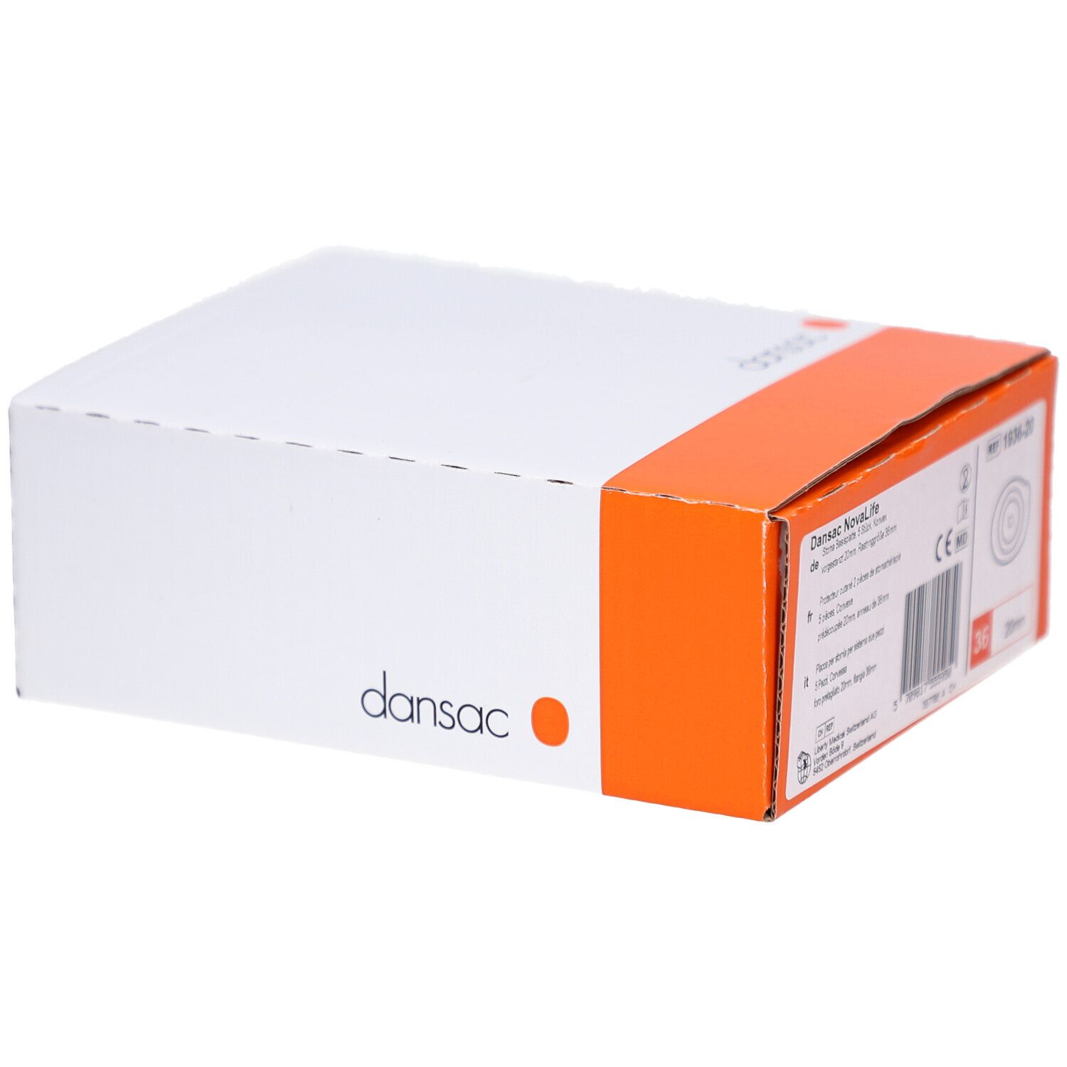 Dansac NovaLife-Verpackung. Weißer Karton mit orangefarbenem Streifen. Dansac-Logo und Produktinformationen.