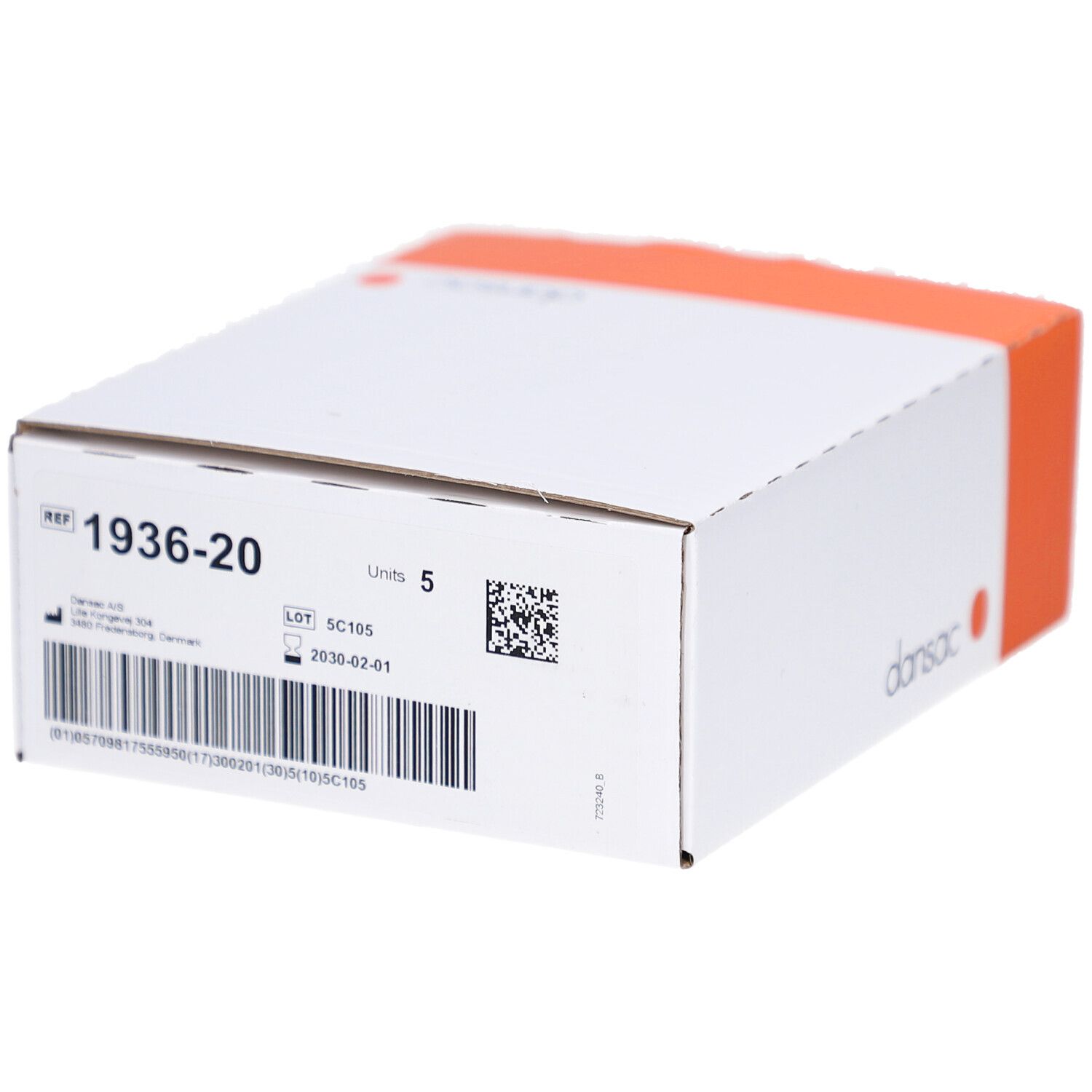 Dansac NovaLife-Verpackung. Weißer Karton mit orangefarbenem Streifen. Referenznummer 1936-20 und Barcode.
