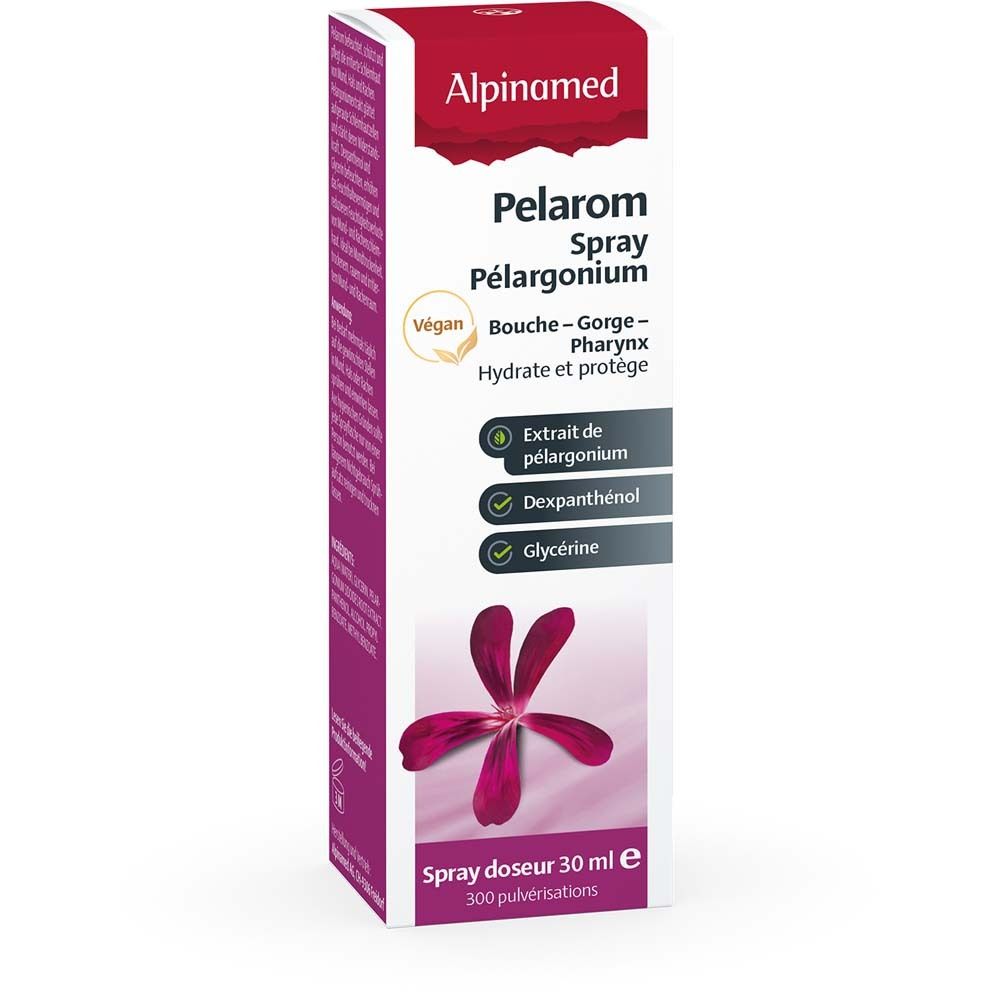 Boîte de spray Alpinamed Pelarom. Contient spray de pélargonium. Vegan. 30 ml. 300 pulvérisations.