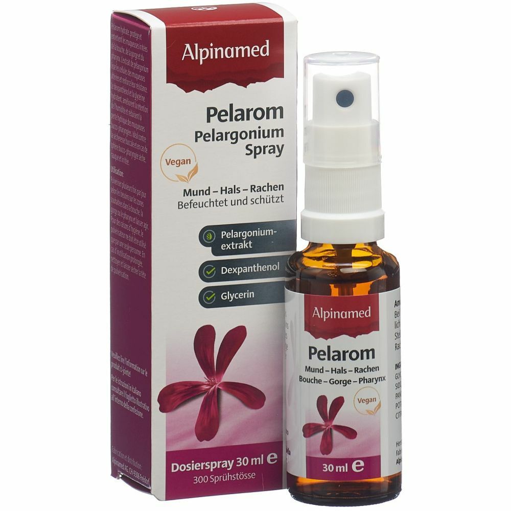 Flacon et boîte de spray Alpinamed Pelarom. Spray de 30 ml. Contient extrait de pélargonium, dexpanthénol, glycérine. Vegan.