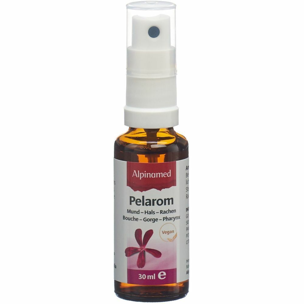 Flacon de spray Alpinamed Pelarom. Flacon en verre brun avec pulvérisateur. 30 ml. Vegan.