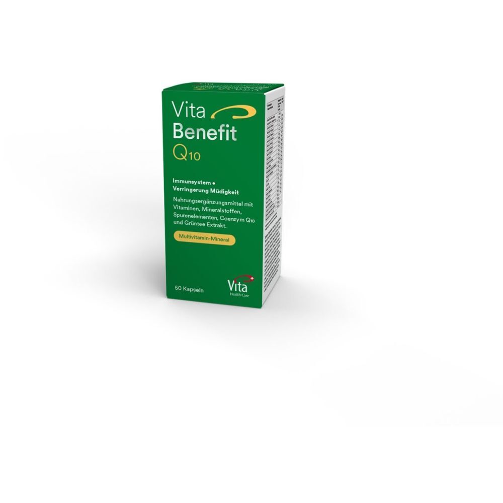 Grüne Schachtel mit 'Vita Benefit Q10'. Enthält 60 Kapseln. Aufschrift: Immunsystem, Verringerung Müdigkeit. Multivitamin-Mineral.