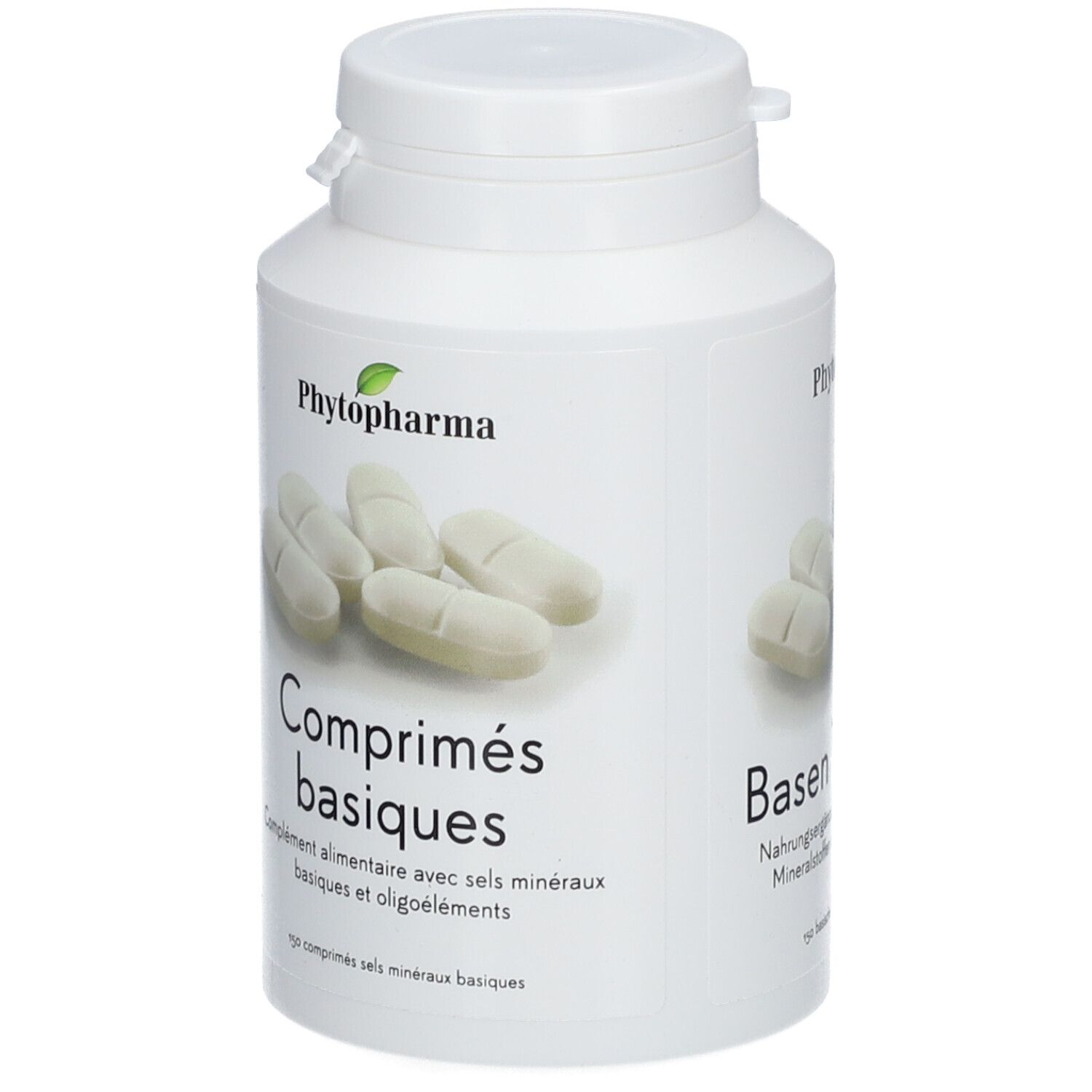 Weiße Tabletten in einer weißen Flasche. Aufschrift: Phytopharma, Comprimés basiques.