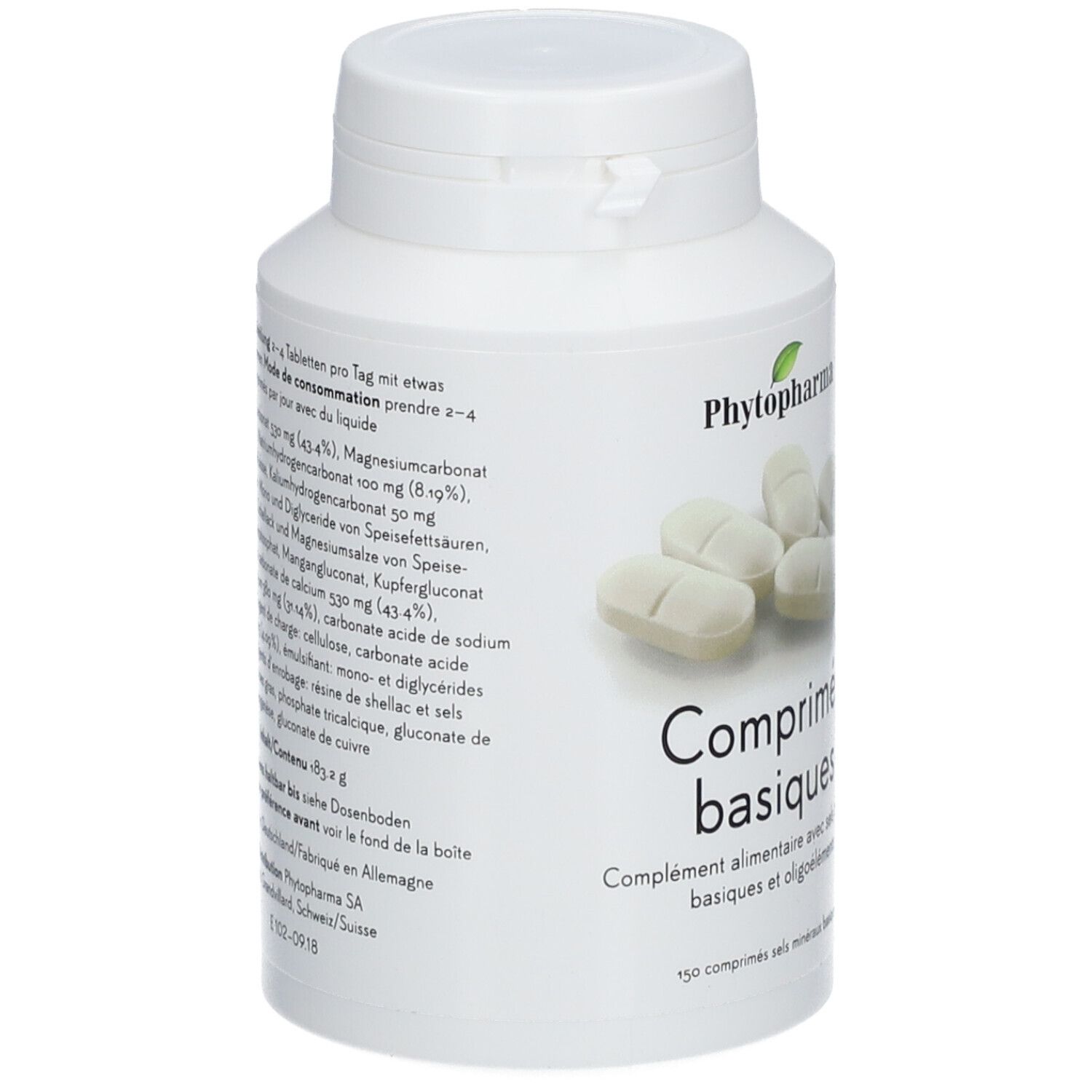 Weiße Tabletten in einer weißen Flasche. Aufschrift: Comprimés basiques. Rückseite mit Inhaltsangaben.