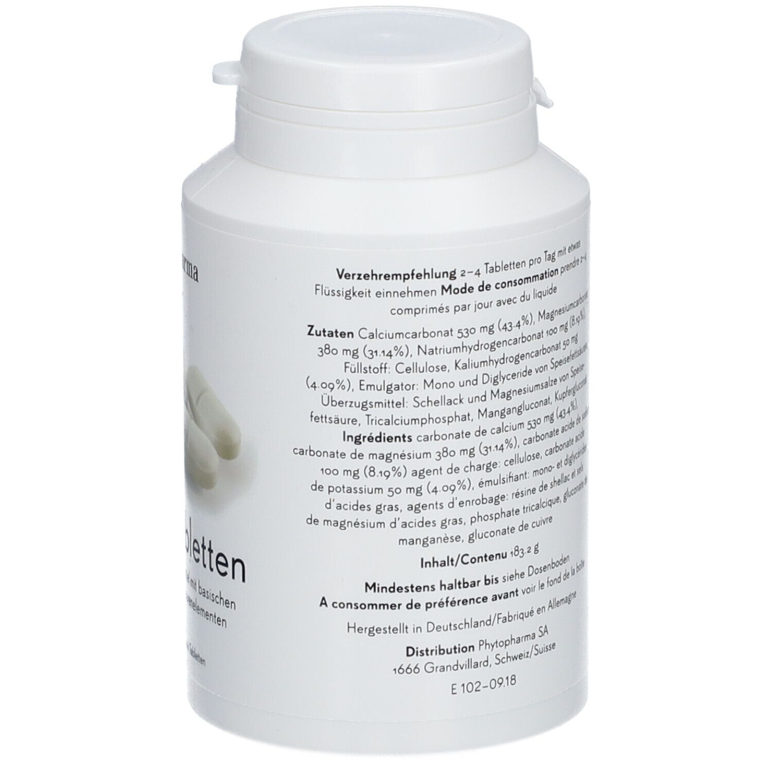 Weiße Tabletten in einer weißen Flasche. Rückseite mit Inhaltsangaben und Verzehrempfehlung.