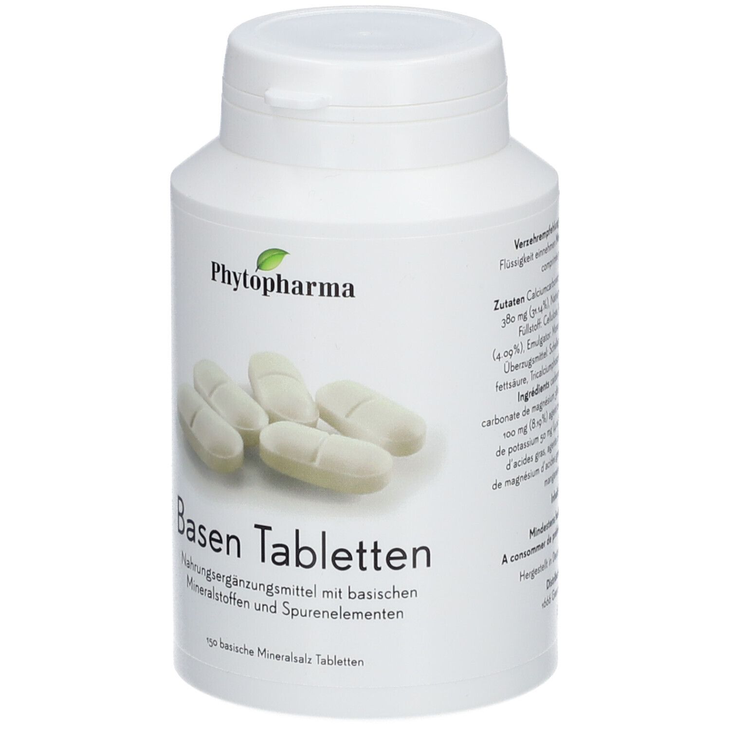 Weiße Tabletten in einer weißen Flasche. Aufschrift: Phytopharma, Basen Tabletten.
