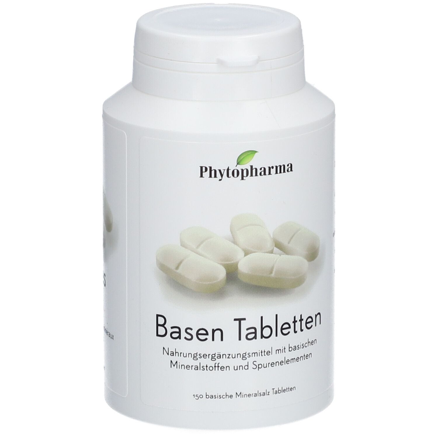 Weiße Tabletten in einer weißen Flasche. Aufschrift: Phytopharma, Basen Tabletten.