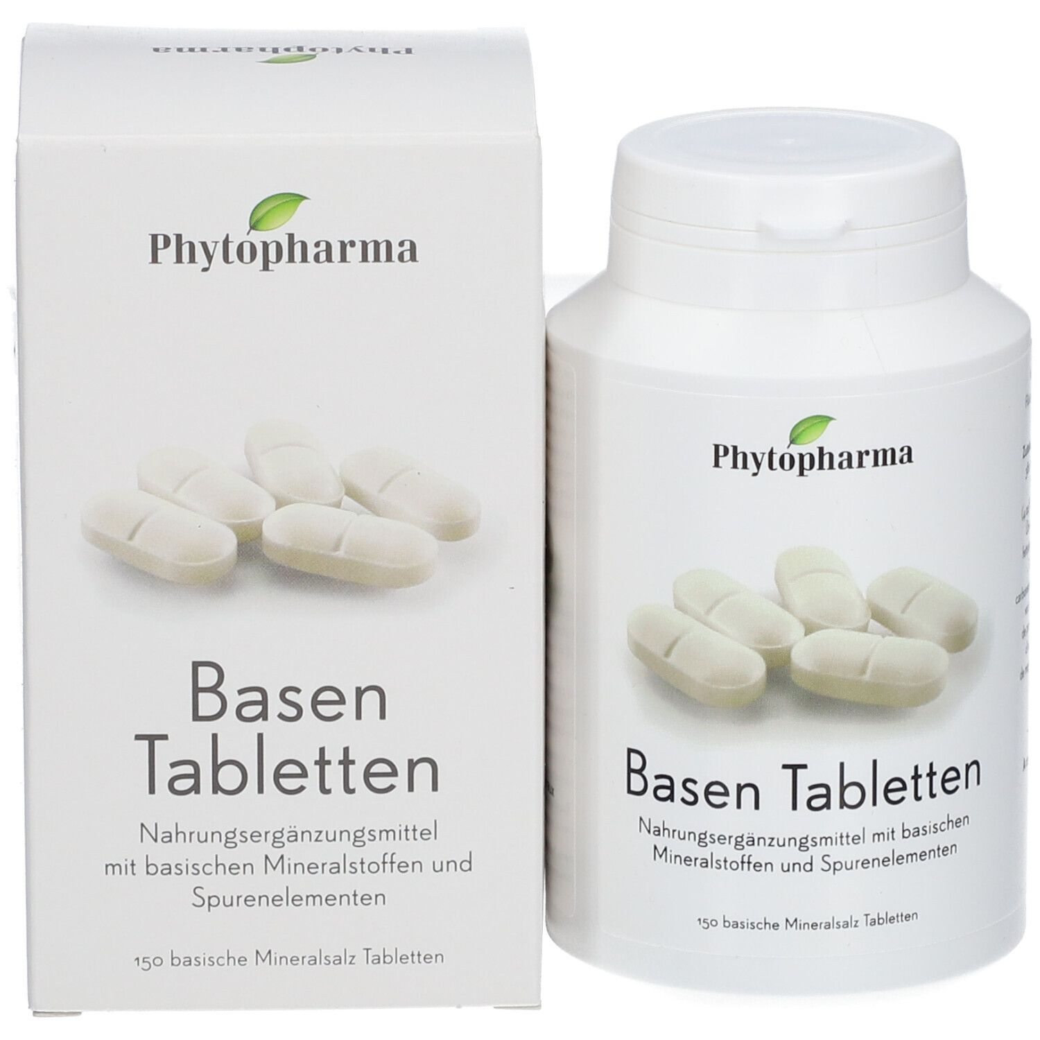 Weiße Tabletten und Flasche neben einer Schachtel. Aufschrift: Phytopharma, Basen Tabletten.