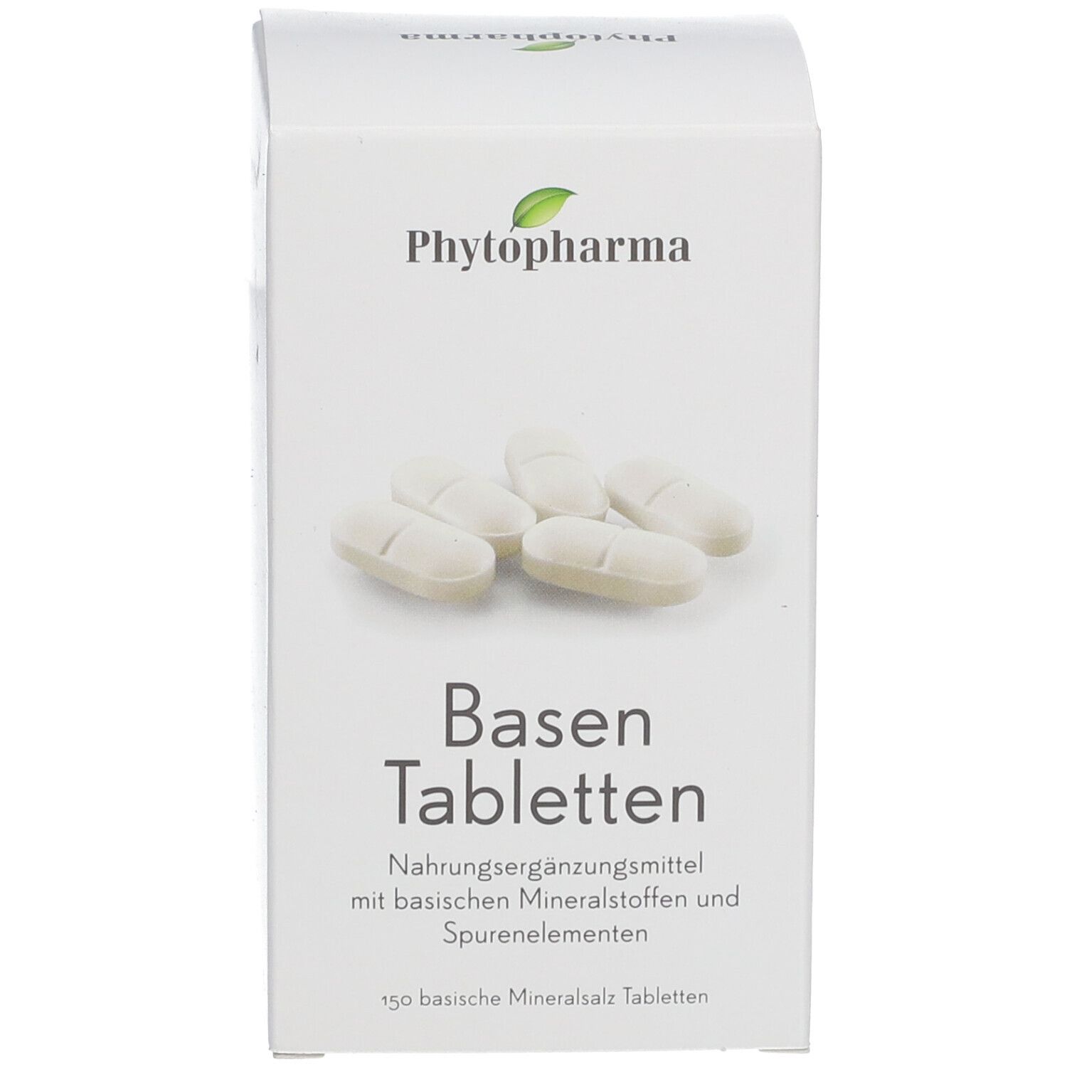 Weiße Tabletten in einer Schachtel. Aufschrift: Phytopharma, Basen Tabletten.